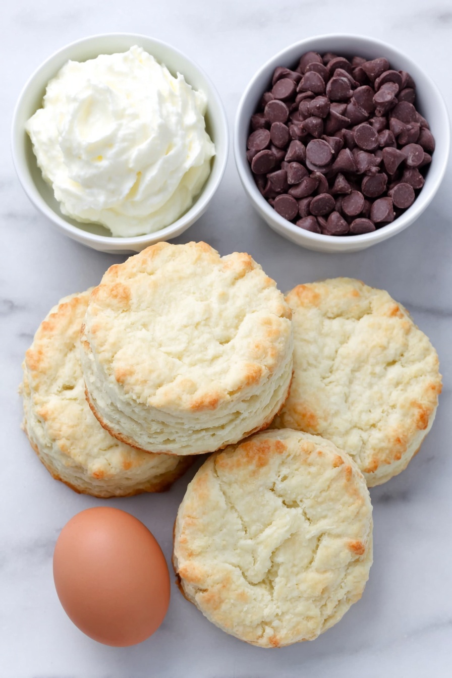 Flat lay of a stack of flaky large biscuits with one biscuit separated showing the layers, a small white ceramic bowl of shiny dark chocolate chips, a small white ceramic bowl of fresh cold cream, placed on a clean white marble surface, soft natural light, photo taken with an iPhone, professional food photography style, fresh ingredients, white ceramic bowls, no bottles, no duplicates, no utensils, no packaging --ar 2:3 --v 7 --p m7354615311229779997 - Air Fryer Biscuit Donuts Chocolate Ganache, easy air fryer donut recipe, quick homemade donut ideas, healthy air fryer desserts, chocolate glaze donut treats