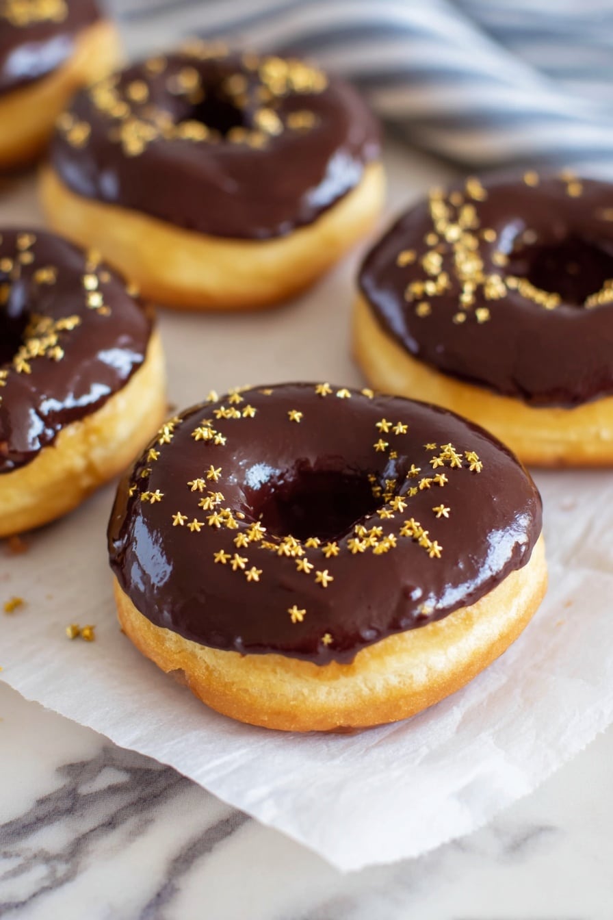 A close-up of a single donut with a smooth, shiny dark chocolate glaze covering the top, decorated with small yellow star-shaped sprinkles scattered unevenly on the surface. The donut has a light golden-brown base with a soft texture and a round hole in the center. In the background, there is another donut with the same chocolate glaze lying flat on a cooling rack and a clear glass filled with green liquid, both resting on a white marbled surface. The photo taken with an iphone --ar 2:3 --v 7 - Air Fryer Biscuit Donuts Chocolate Ganache, easy air fryer donut recipe, quick homemade donut ideas, healthy air fryer desserts, chocolate glaze donut treats