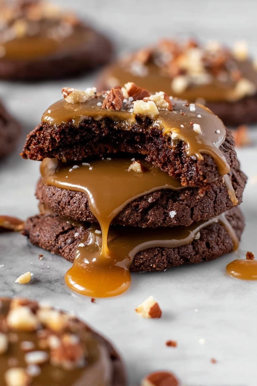 The image shows a close-up of two stacked dark chocolate cookies with a thick layer of smooth caramel dripping over the edges, topped with small pieces of chopped nuts. The top cookie has a small bite taken out, revealing its soft and moist texture inside. Surrounding the stack, there are whole cookies with the same toppings scattered on a white marbled surface, creating a warm and indulgent atmosphere. photo taken with an iphone --ar 2:3 --v 7 - Chilled Turtle Cookies, Caramel and Pecans Cookies, Decadent Chocolate Cookie Recipe, Easy Homemade Cookies, Best Turtle Cookie Recipe