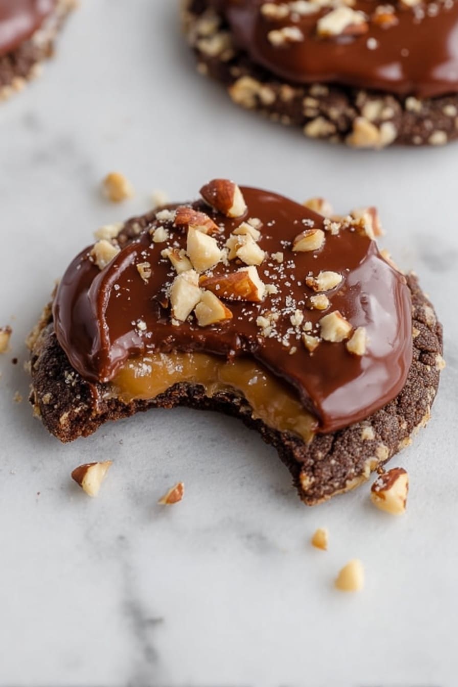 The image shows a close-up of a cookie with three visible layers. The bottom layer is a dark brown, slightly rough-textured cookie covered with chopped nuts around the edge. The middle layer is a smooth, light caramel color that spreads unevenly over the cookie. The top layer is a thick layer of milk chocolate with a shiny finish that spreads over part of the caramel and has some chopped nuts sprinkled in the center. A bite is taken out of the cookie on the left side, showing the cookie’s dense inside. The cookie sits on a white marbled surface, with some scattered nut pieces around it. Photo taken with an iphone --ar 2:3 --v 7 - Chilled Turtle Cookies, Caramel and Pecans Cookies, Decadent Chocolate Cookie Recipe, Easy Homemade Cookies, Best Turtle Cookie Recipe