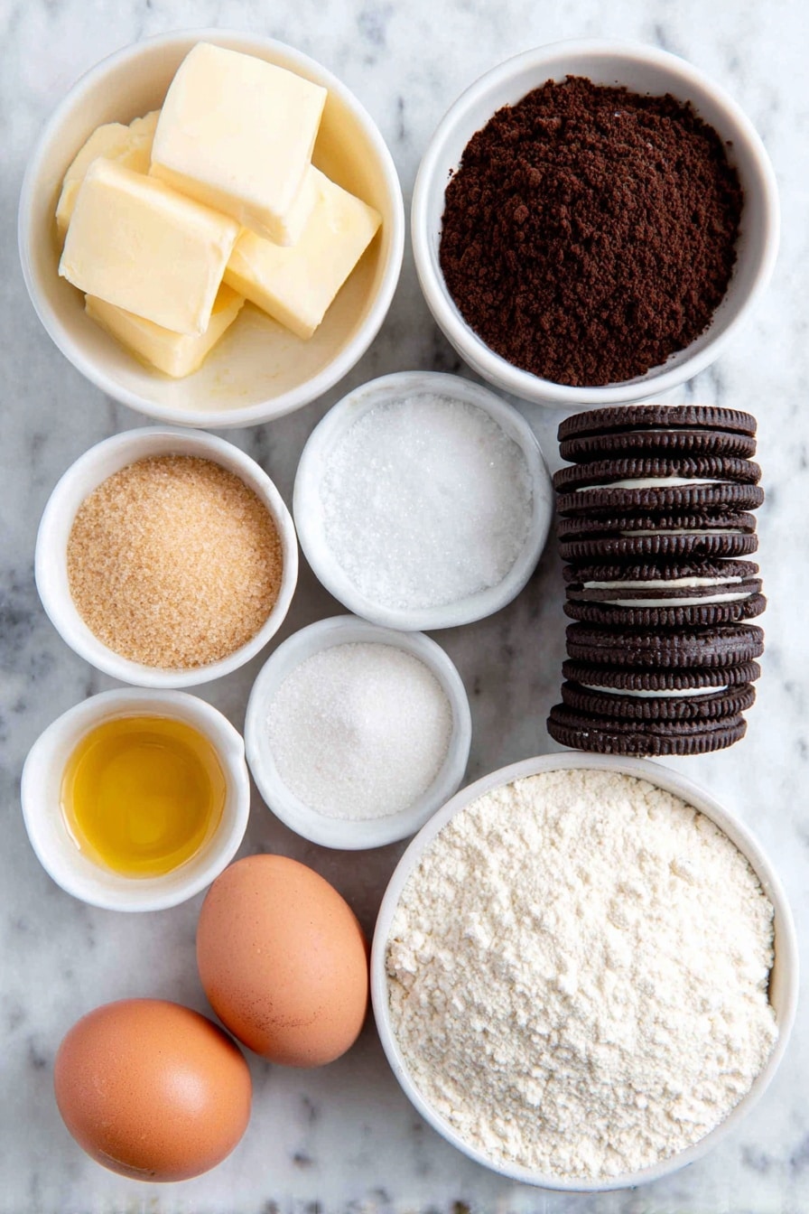 Flat lay of a few cubes of pale yellow butter, a small white bowl of clear golden vegetable oil, a small white bowl piled with white granulated sugar, a small white bowl heaped with moist golden brown sugar, a small white bowl of rich dark brown cocoa powder, two whole uncracked brown eggs, a small white bowl holding golden vanilla extract, a small white bowl with fine white all-purpose flour, a small white bowl containing fine white salt, and a neat stack of whole dark chocolate mint Oreos, all arranged perfectly symmetrical and balanced on a clean white marble surface, soft natural light, photo taken with an iPhone, professional food photography style, fresh ingredients, white ceramic bowls, no bottles, no duplicates, no utensils, no packaging --ar 2:3 --v 7 --p m7354615311229779997 - Mint Oreo Brownies, Mint Oreo Brownie recipe, easy mint chocolate brownies, fudge mint Oreo dessert, no-bake mint Oreo treats