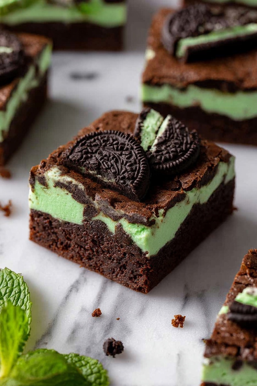 The image shows a close-up view of a rich dark chocolate layer that is shiny and smooth. On top of this chocolate layer, there are many broken pieces of mint green cream-filled chocolate cookies scattered around. The cookies are cut into different sizes, revealing the bright green cream inside with a dark brown cookie on the outside. Small bits of the cookie crumbs add extra texture on the chocolate surface. The background is a white marbled texture. photo taken with an iphone --ar 2:3 --v 7 - Mint Oreo Brownies, Mint Oreo Brownie recipe, easy mint chocolate brownies, fudge mint Oreo dessert, no-bake mint Oreo treats