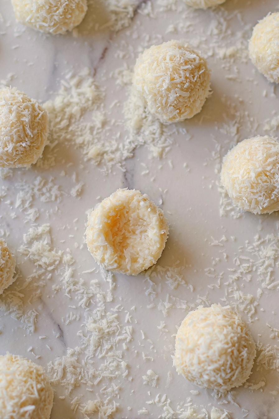 The image shows several small round balls covered with shredded white coconut flakes placed on a white marbled surface with some extra flakes scattered around. One coconut ball in the center has a hollowed-out section showing the soft inside texture with light yellowish tones. The coconut balls have a rough, flaky outer texture and are spaced evenly across the surface. The overall color palette is light, with creamy white and pale yellow shades. photo taken with an iphone --ar 2:3 --v 7 - Chocolate Coconut Truffle Balls, Tropical Dessert Treats, Easy No-Bake Truffles, Coconut Dessert Recipes, Party Dessert Ideas