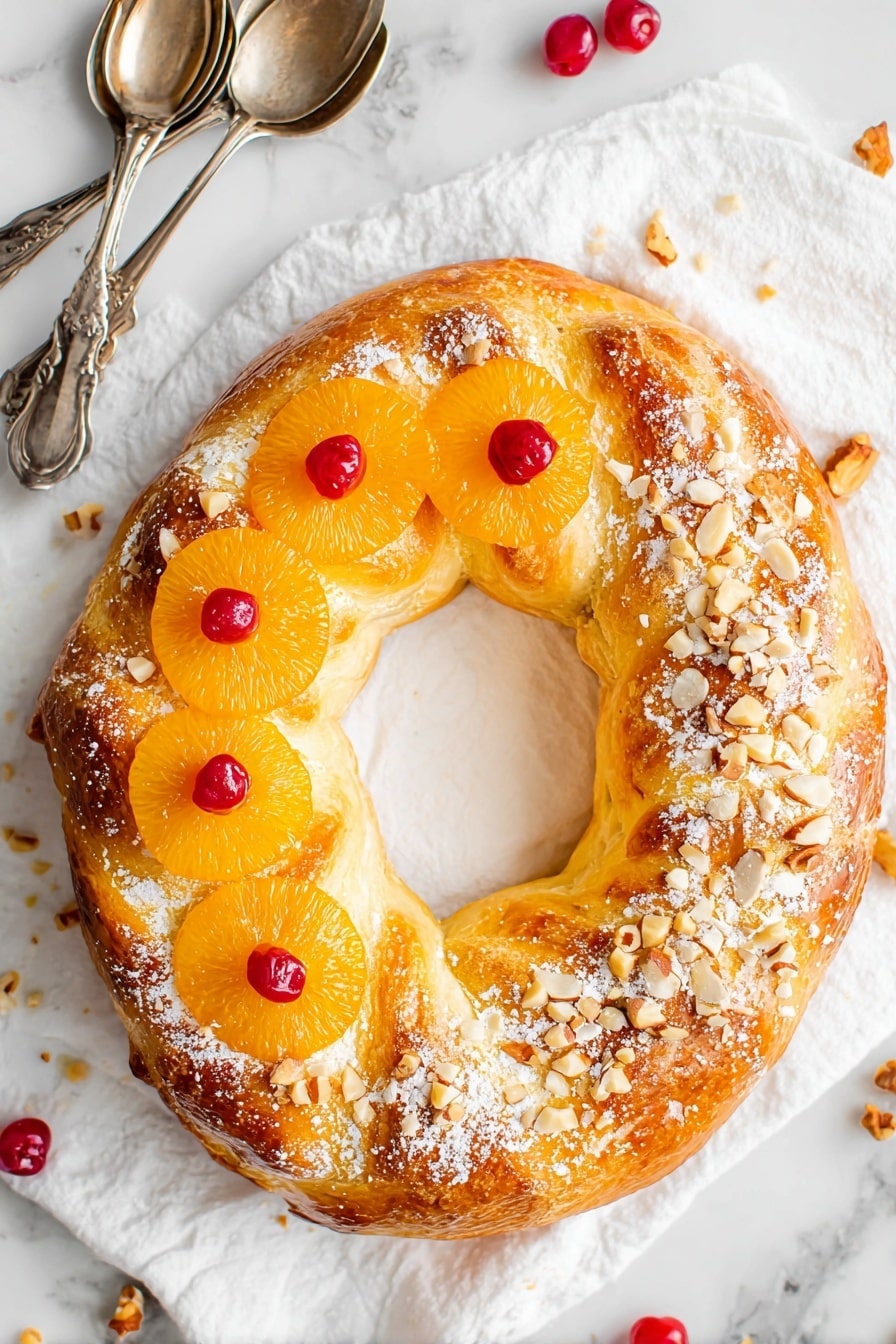 The image shows a single slice of soft, light-colored bread with a golden-brown crust on top. The top layer has a white sugar sprinkle and is decorated with a small red fruit piece. The bread slice has a fluffy and airy texture, visible from the side, and is placed on a white marbled surface. In the background, there are blurred parts of the rest of the bread, some red fruit pieces, and a few light almond flakes scattered around. Photo taken with an iphone --ar 2:3 --v 7 - Traditional Roscón de Reyes, Spanish holiday bread, Christmas bread recipe, King’s cake, festive Spanish bread