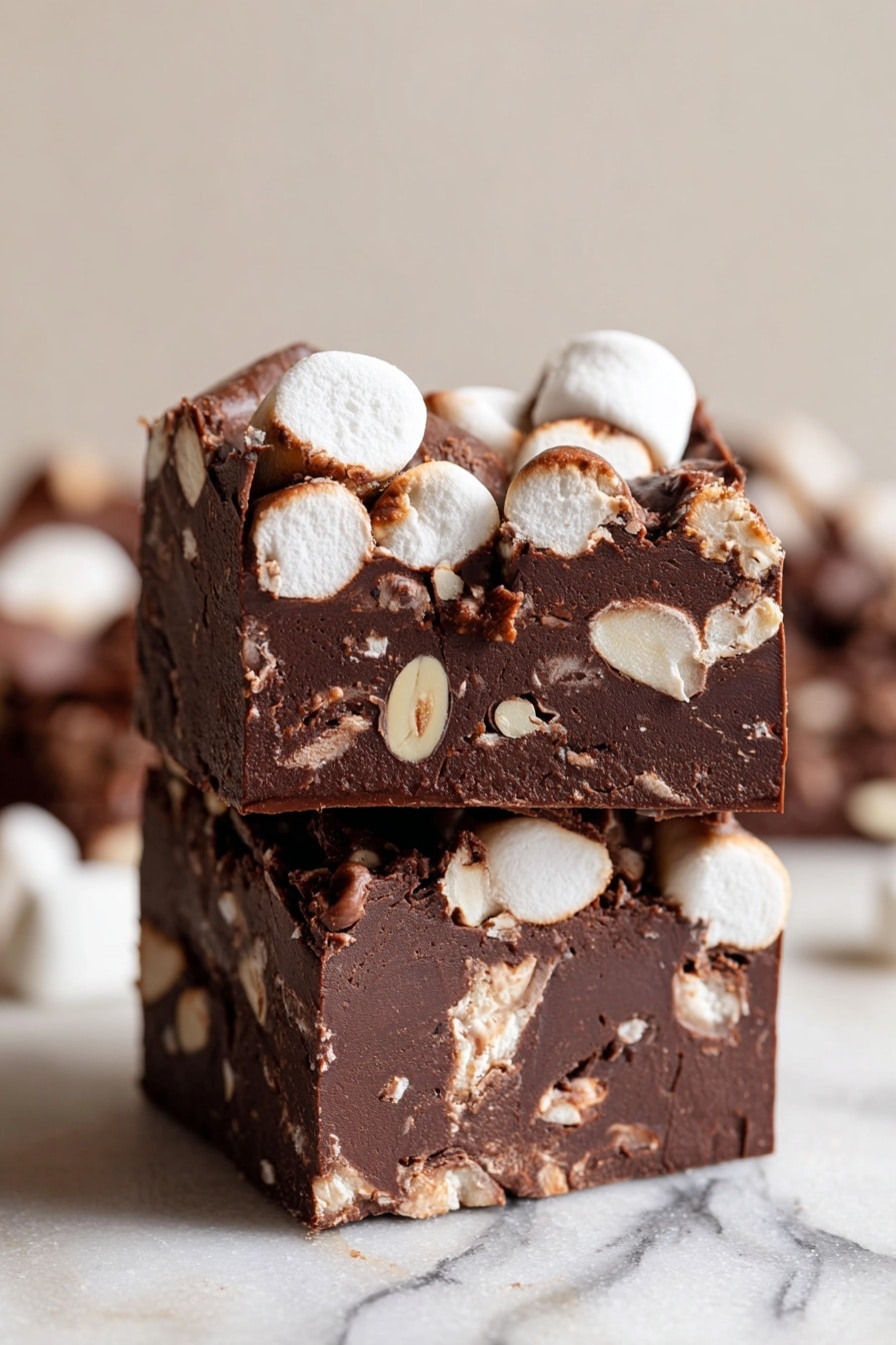 The image shows a close-up of a square piece of dark chocolate fudge mixed with small white marshmallows and thin almond slices. The fudge has a smooth, dense, and rich texture with the marshmallows partly embedded inside and also scattered on top. The almond slices add a light brown and beige color with a rough texture on top. The piece is resting on a light brown paper surface with more marshmallows and fudge pieces in the blurred background, all on a white marbled texture. photo taken with an iphone --ar 2:3 --v 7 - Easy Rocky Road Fudge, Rocky Road Fudge, no-bake fudge, chocolate marshmallow treat, quick dessert recipes