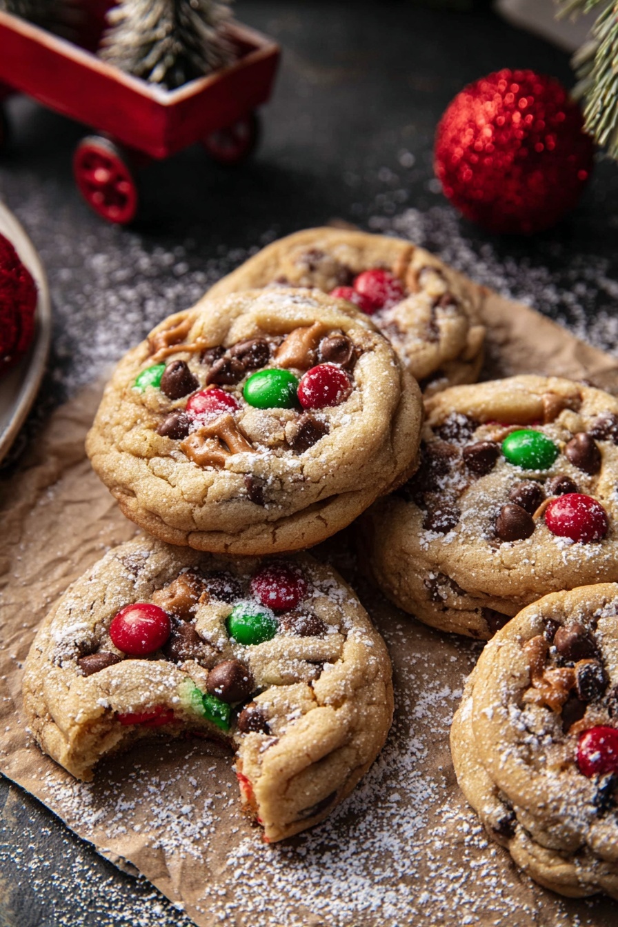 The image shows several soft, round cookies with a light brown color and a slightly cracked surface. Each cookie has colorful red and green candy pieces embedded on top, along with visible chocolate chips melting out and small pretzel bits adding texture. One cookie is broken in the middle, showing a gooey chocolate inside. The cookies are arranged casually on a surface with a few sprinkles of coarse salt and scattered green velvet ribbon loops. A shiny red Christmas ornament ball is placed near the cookies, giving a festive feel. The background is a white marbled texture. Photo taken with an iphone --ar 2:3 --v 7 - Chewy Christmas Snickerdoodle Cookies, festive holiday cookies, easy snickerdoodle recipe, chocolate and pretzel cookies, holiday baking treats