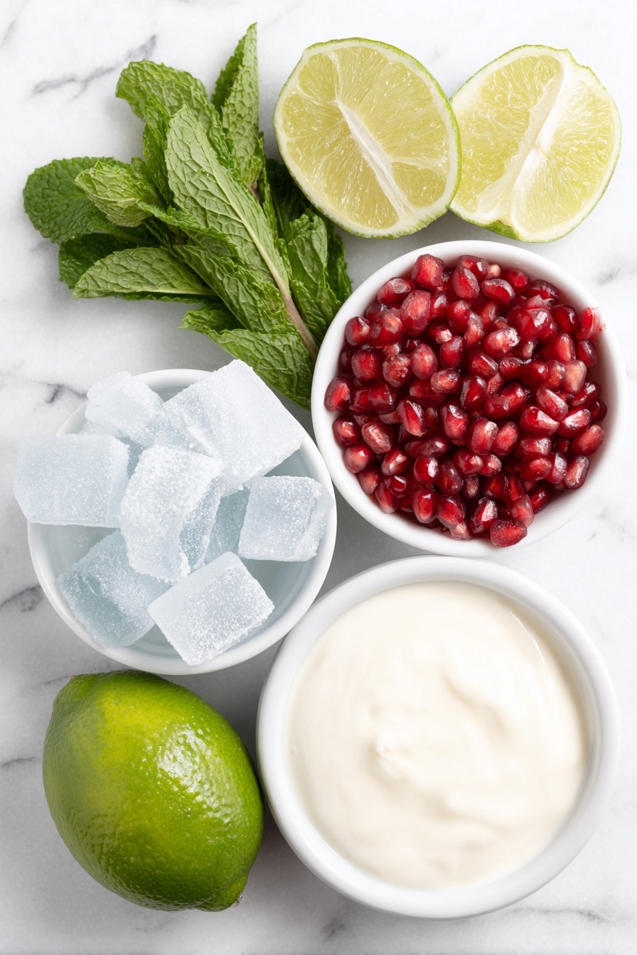 Flat lay of fresh whole lime cut in half showing juicy green interior, a small pile of bright green mint leaves, a small white ceramic bowl filled with white granulated sugar, a small white bowl containing smooth creamy unsweetened coconut milk, a small white bowl holding glistening ruby red pomegranate arils, a few ice cubes with a frosty natural look, all arranged symmetrically on a clean white marble surface, soft natural light, photo taken with an iPhone, professional food photography style, fresh ingredients, white ceramic bowls, no bottles, no duplicates, no utensils, no packaging --ar 2:3 --v 7 --p m7354615311229779997 - White Christmas Mojito with Coconut and Pomegranate, festive coconut mojito, holiday cocktail recipes, tropical holiday drinks, pomegranate mojito