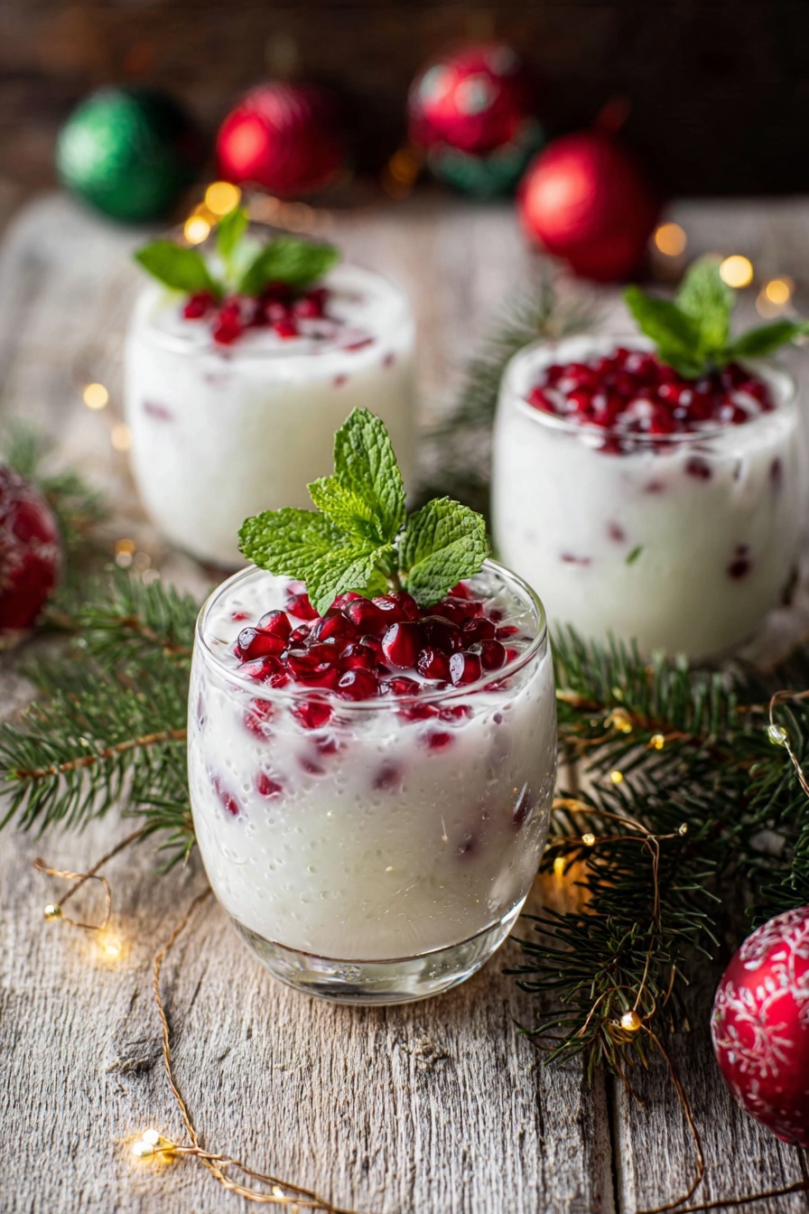 The image shows three short clear glasses filled with a white creamy drink that has small red pomegranate seeds mixed inside, creating a speckled effect. Each glass is topped with a few bright red pomegranate seeds and fresh green mint leaves, adding a pop of color. The glasses are placed on a white marbled surface with a rustic wooden texture underneath, and there are some pine branches and silver tinsel around the glasses as decoration. The background is soft gray with a blurred red pomegranate for contrast, giving a festive feel. photo taken with an iphone --ar 2:3 --v 7 - White Christmas Mojito with Coconut and Pomegranate, festive coconut mojito, holiday cocktail recipes, tropical holiday drinks, pomegranate mojito