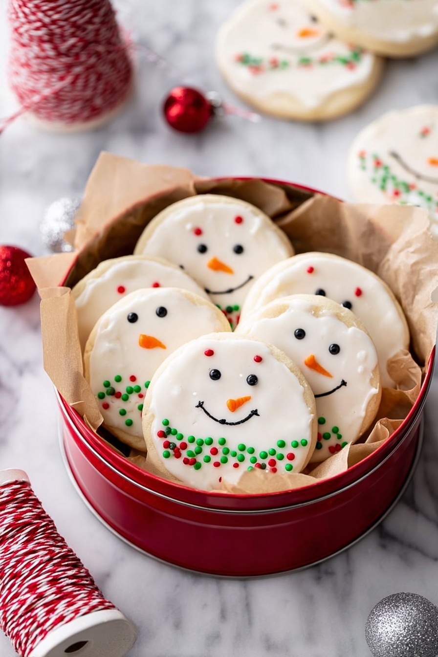 A red tin lined with light brown parchment paper holds a stack of round sugar cookies decorated like snowmen, each cookie having a smooth white icing layer on top. Each snowman face has two small black dots for eyes and a small orange dot as a nose in the center of the upper half. The lower half is decorated with different colored tiny round sprinkles in red, green, white, and black colors to look like buttons and scarves. The tin sits on a white marbled surface with scattered small red and silver round ornaments and a spool of red and white twisted twine nearby. In the background, a woman’s hand is barely visible near the top edge of the photo. Photo taken with an iphone --ar 2:3 --v 7 - Melted Snowman Sugar Cookies, Christmas cookie ideas, holiday baking recipes, cute winter treats, easy festive cookies