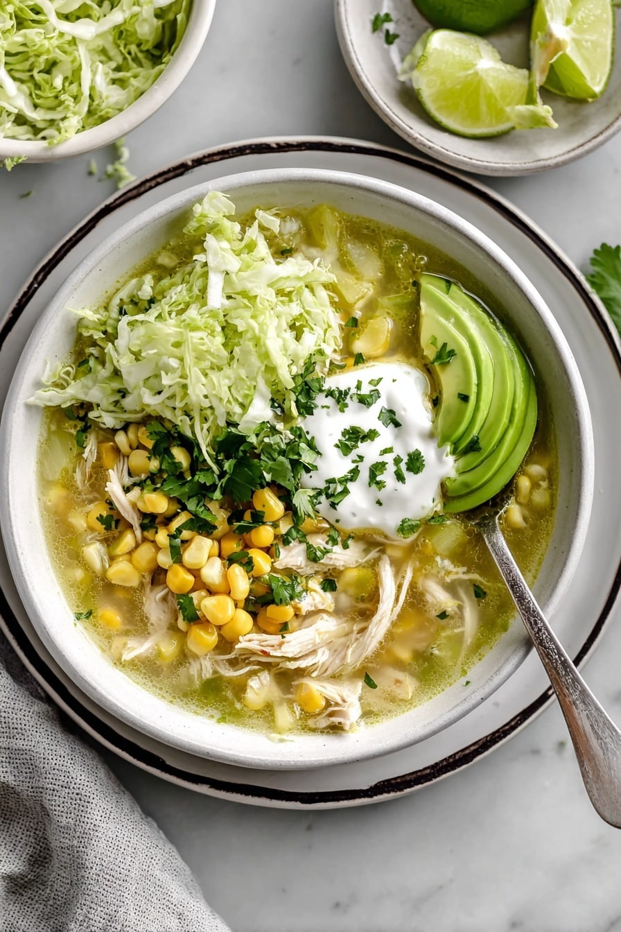 A white bowl filled with a light green soup containing shredded chicken, yellow corn, and white corn kernels, topped with a layer of thinly sliced bright green avocado on the right side, a dollop of white sour cream sprinkled with small green herbs in the center, a pile of shredded light green cabbage on the top, and garnished with dark green chopped cilantro and a thin slice of lime on the bottom right. The bowl sits on a white plate with a dark rim, placed on a white marbled surface. A silver spoon is resting inside the bowl. Nearby, there are lime wedges on a white plate and a small bowl with shredded cabbage. Photo taken with an iphone --ar 2:3 --v 7 - Green Chile Chicken Pozole Soup, Mexican pozole soup, homemade green chile soup, comforting chicken soup, easy Mexican soup recipes