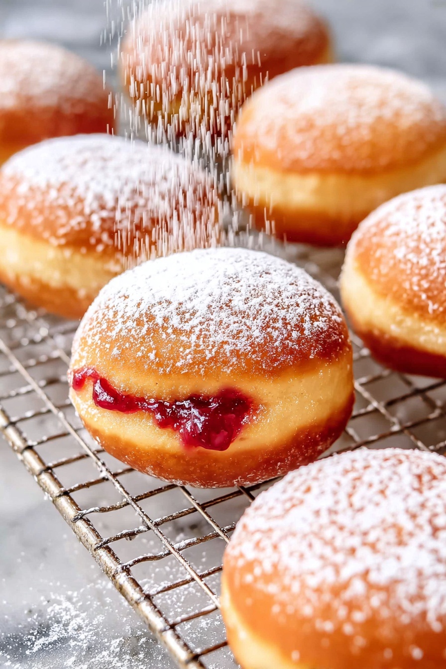 Several round doughnuts are placed on a wire rack over a white marbled surface. Each doughnut has a golden-brown color with a soft, slightly puffy texture. The doughnuts are dusted with a fine layer of white powdered sugar on top. Some have a visible bright red filling oozing out from the side. Powdered sugar is being sprinkled over the doughnuts, with fine particles falling gently from above. The overall scene is bright and the doughnuts look fresh and delicious photo taken with an iphone --ar 2:3 --v 7 - Jelly Donuts, homemade jelly donuts, fluffy donut recipe, easy jelly donut recipe, how to make jelly donuts