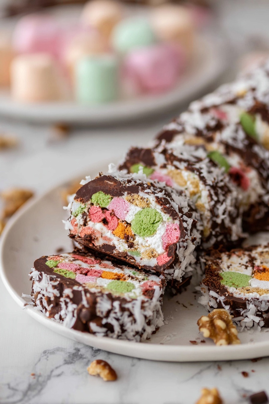 The image shows a dessert log sliced into five thick pieces on a white plate over a white marbled surface. The dessert has three main layers: the middle is made of a chocolate mix with colorful marshmallow pieces in pink, green, and orange, creating a stained-glass effect, the edges are coated in white shredded coconut that adds rough texture, and the dark chocolate base holds everything together with a slight shine. The slices are stacked with one slightly leaning on another, and small bits of walnuts, chocolate chips, and coconut flakes are scattered around the plate. In the background, there is a blurred plate with pastel-colored marshmallows. Photo taken with an iphone --ar 2:3 --v 7 - Church Window Cookies, colorful no-bake cookies, holiday dessert recipes, marshmallow and chocolate treats, easy party cookies