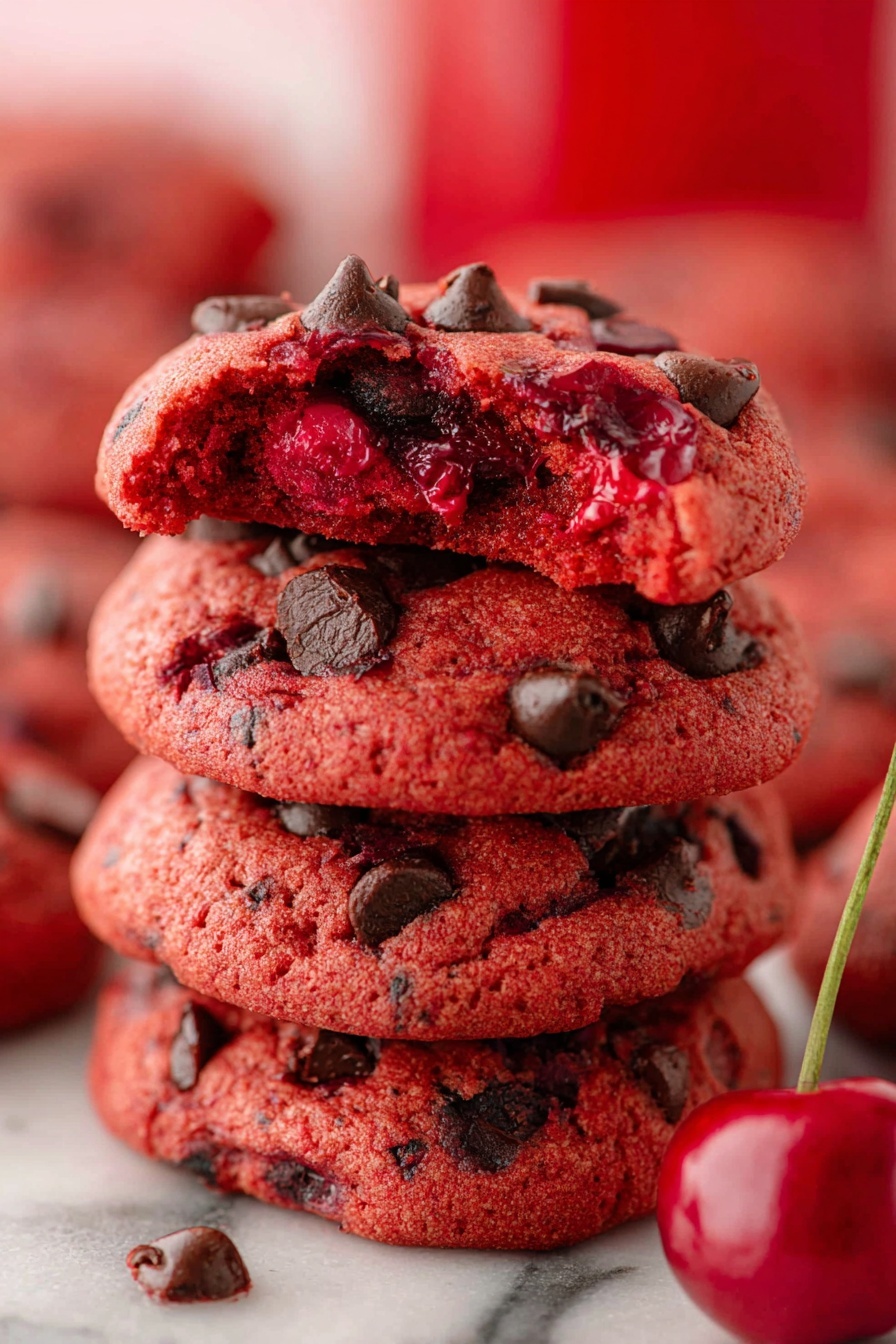 A stack of four thick, soft red cookies is shown, each cookie studded with dark brown chocolate chips and bright red pieces of cherries. The top cookie has a bite taken out, revealing a moist, red interior with embedded chocolate chips. The cookies have a slightly rough texture and a warm, fresh-baked look. A whole cherry with its stem lies at the bottom right beside the stack. The background is blurred with red tones and more cookies visible, all set on a white marbled surface. photo taken with an iphone --ar 2:3 --v 7 - Maraschino Cherry Chocolate Chip Cookies, Cherry Chocolate Chip Cookies, Easy Cherry Cookies, Juicy Cherry Cookies, Festive Cookie Recipes