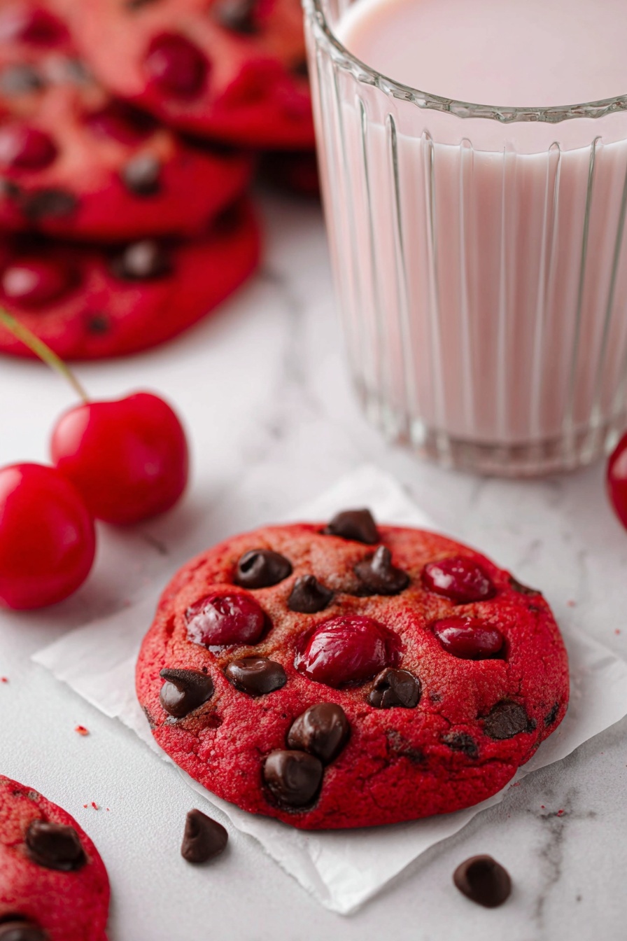 A close-up of a bright red cherry chocolate chip cookie with dark brown chocolate chips and glossy cherry pieces spread across its top layer, laying on a small square piece of white paper on a white marbled surface. Behind the cookie is a clear ridged glass filled about three-quarters with milk, which has a smooth white surface on top. To the left of the cookie and glass are two shiny red cherries with stems resting on the surface. In the blurred background, there are more cookies with the same colors and texture scattered casually. Photo taken with an iphone --ar 2:3 --v 7 - Maraschino Cherry Chocolate Chip Cookies, Cherry Chocolate Chip Cookies, Easy Cherry Cookies, Juicy Cherry Cookies, Festive Cookie Recipes
