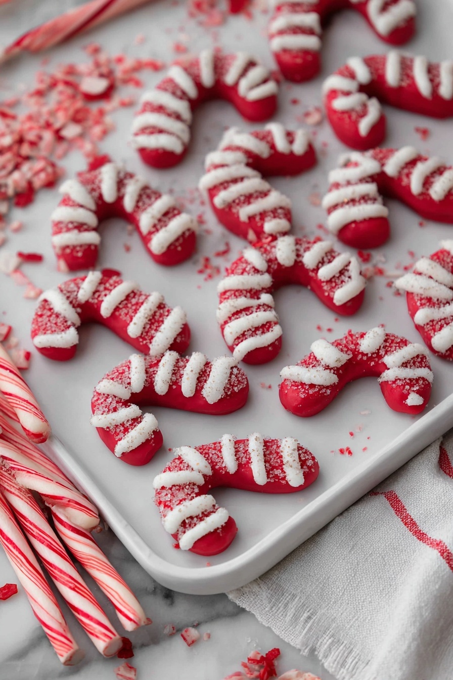 A white oval plate holds a pile of small, curved red cookies, each decorated with three thick, uneven white stripes across the top, creating a festive look. The red cookie base has a smooth texture, while the white stripes appear slightly rough like sugar crystals. The plate sits on a white marbled surface with a colorful, woven cloth partially visible underneath. In the background, a glass of chocolate milk with a candy cane stirrer and a few dark round cookies add to the cozy scene. photo taken with an iphone --ar 2:3 --v 7 - Candy Cane Oreo Balls, Christmas Oreo balls, holiday sweet treats, easy holiday desserts, festive candy cane desserts