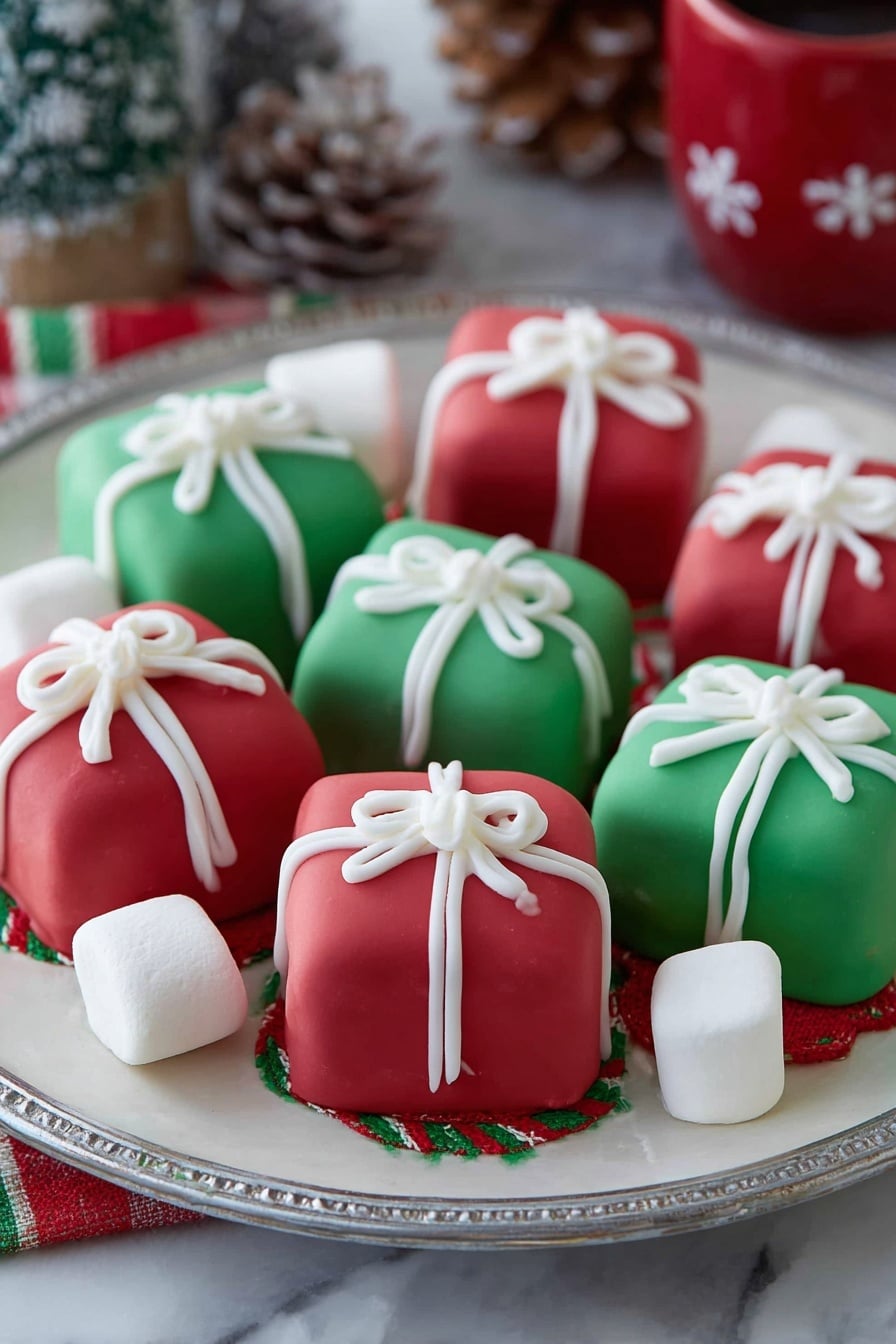 There are seven small, square-shaped treats on a white plate with a silver edge. Four of the treats are red and three are green. Each treat is covered with smooth icing and decorated with white icing ribbons tied like bows or straight lines, making them look like gift boxes. Some red and green thin paper strips are placed under the treats, adding a festive feel. Two small white marshmallows sit next to the treats on the plate. The background is a soft, white marbled surface, and there are blurred holiday-themed objects in the background. Photo taken with an iphone --ar 2:3 --v 7 - Christmas Oreo Balls, festive Oreo truffles, holiday dessert bites, easy Christmas treats, colorful candy melt candies