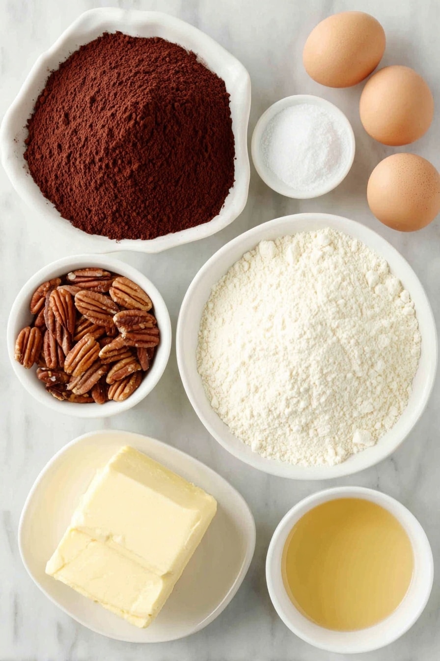 Flat lay of a small mound of all-purpose flour, a small white bowl filled with Dutch-processed cocoa powder, a small white bowl with fine salt, a small white bowl holding baking powder, a small white bowl containing cornstarch, a large chunk of unsalted butter, a small heap of brown sugar, two whole uncracked brown eggs, a small white bowl filled with granulated sugar, a small white bowl with golden corn syrup, a small white bowl filled with thick sweetened condensed milk, a small white bowl holding heavy whipping cream, a small white bowl of vanilla extract, a small pile of pecan halves placed neatly, all arranged in a perfectly symmetrical, balanced layout in simple white ceramic bowls and on the surface, placed on a clean white marble surface, soft natural light, photo taken with an iPhone, professional food photography style, fresh ingredients, white ceramic bowls, no bottles, no duplicates, no utensils, no packaging --ar 2:3 --v 7 --p m7354615311229779997 - Chocolate Caramel Turtle Cookies, chocolate caramel pecan cookies, gooey caramel cookie recipes, easy turtle cookie recipe, decadent chocolate caramel treats