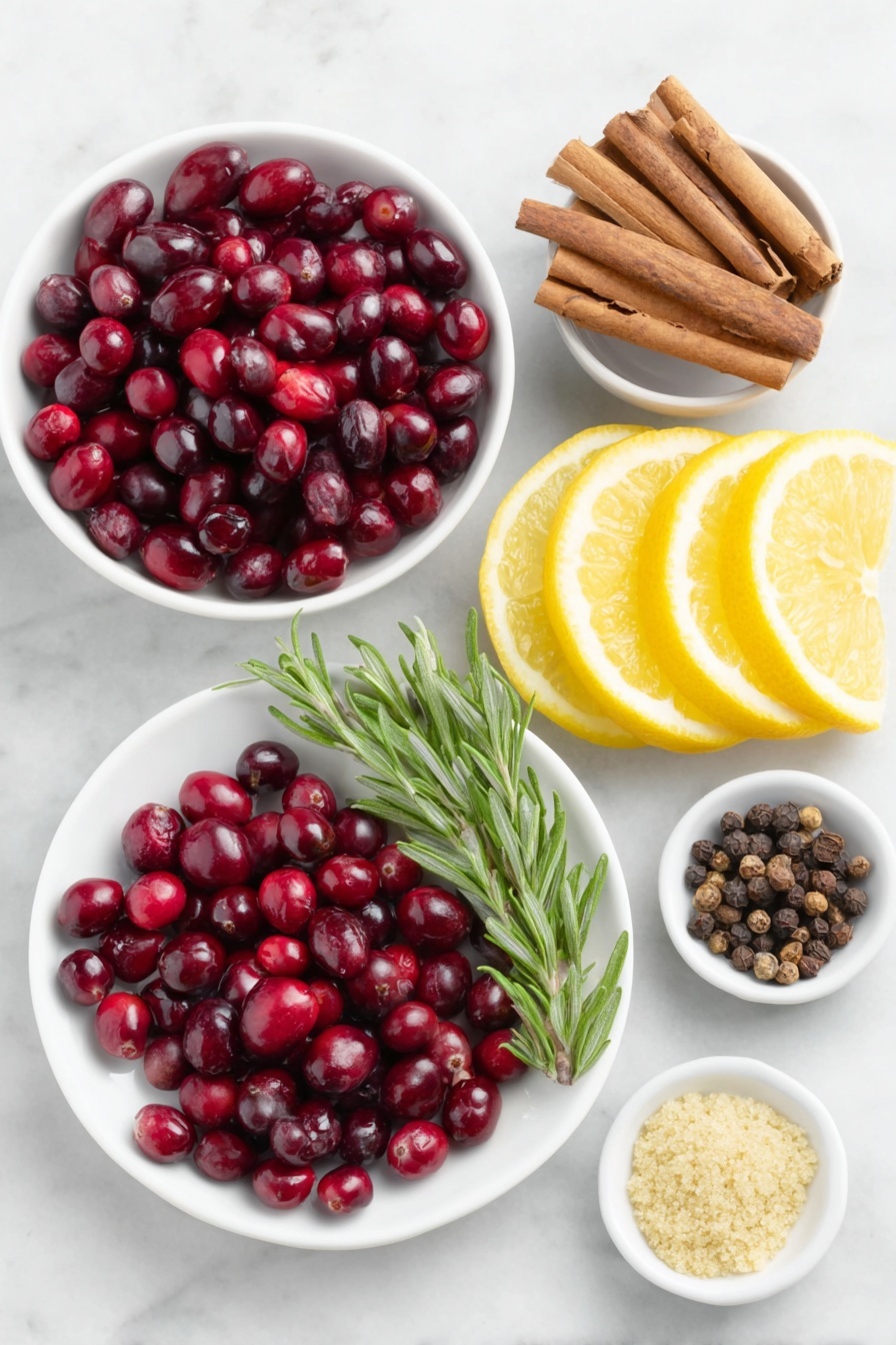 Flat lay of fresh whole cranberries spilling slightly from a small white ceramic bowl, a half orange thinly sliced and arranged neatly on a white ceramic plate, a few sprigs of fresh green rosemary and pine laid side by side, a small white bowl filled with several cinnamon sticks standing upright, a small white bowl holding whole dried cloves, another small white bowl containing whole allspice berries, and a small white bowl with ground nutmeg powder, all ingredients fresh and natural, perfectly balanced and symmetrically spaced, placed on a clean white marble surface, soft natural light, photo taken with an iPhone, professional food photography style, fresh ingredients, white ceramic bowls, no bottles, no duplicates, no utensils, no packaging --ar 2:3 --v 7 --p m7354615311229779997 - Festive Christmas Simmer Pot, holiday aroma recipe, Christmas room scent, holiday crockpot recipe, cozy winter simmer pot