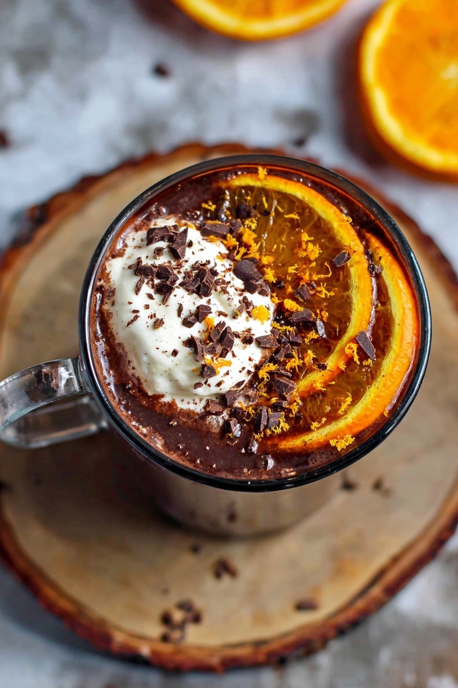 A clear glass mug filled with smooth, rich brown chocolate drink is centered on a rustic round wooden slice with bark edges. On top of the drink is a layer of whipped cream sprinkled with fine orange zest and small dark chocolate shavings. A thin orange slice floats on the surface, partially resting on the whipped cream. Around the wooden slice, there are pieces of dark chocolate and more orange zest scattered loosely. The scene is set against a white marbled texture background with two whole and halved bright orange mandarins blurred in the background, adding a fresh pop of color. Photo taken with an iphone --ar 2:3 --v 7 - Orange Hot Chocolate, citrus hot chocolate, orange chocolate drink, cozy winter beverages, easy hot chocolate recipes
