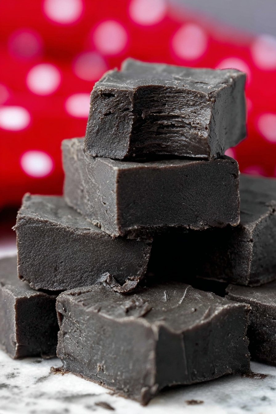A close-up view of thick, dark brown fudge pieces stacked unevenly on a white plate. The fudge has a smooth but slightly textured surface with visible edges and bite marks on some pieces. In the background, a red box with white polka dots adds a festive touch, resting on a white marbled surface. photo taken with an iphone --ar 2:3 --v 7 - Black Coal Fudge, black coal fudge recipe, easy black fudge, rich chocolate fudge, striking black fudge