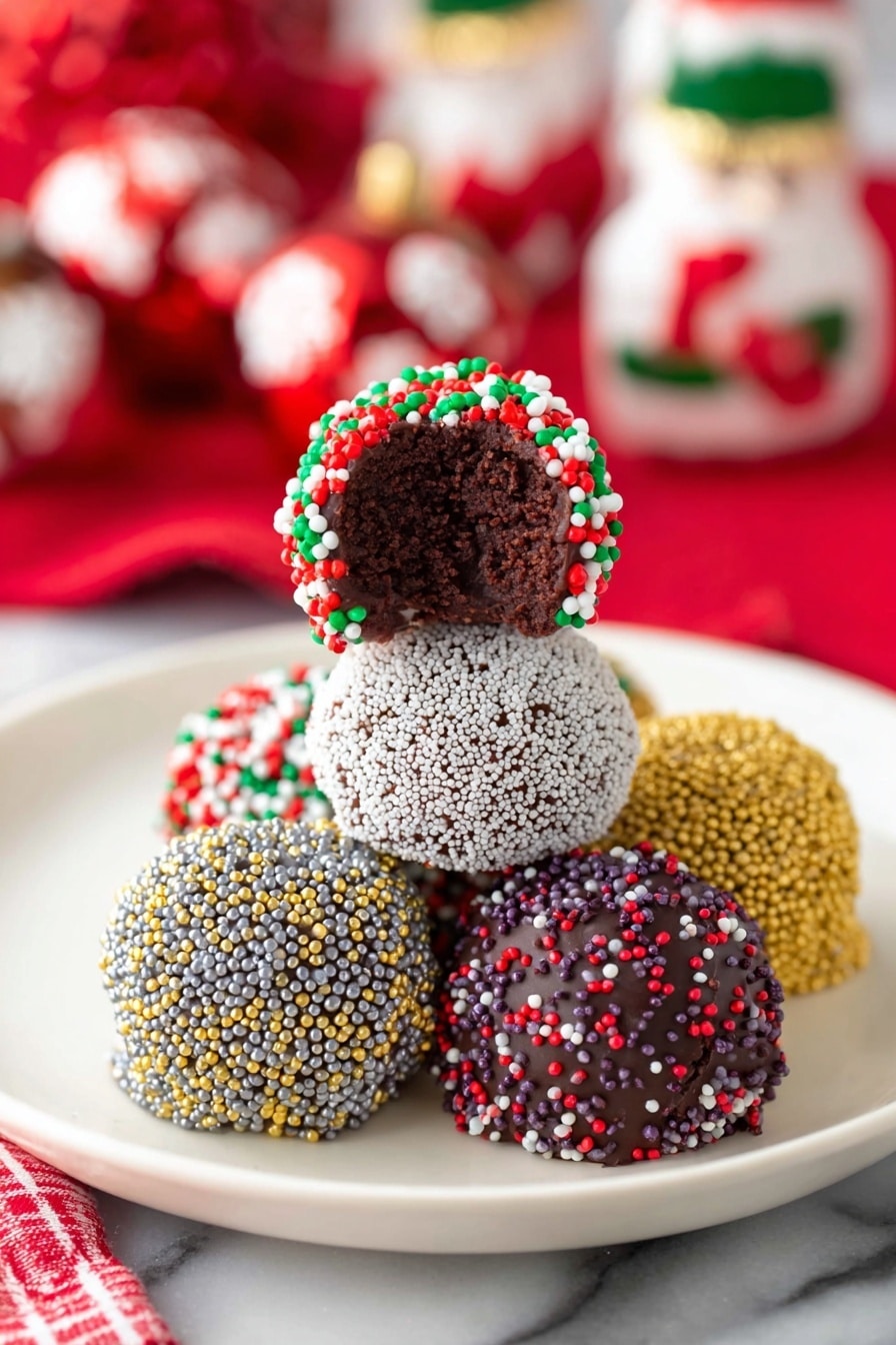A white plate filled with about sixteen round truffle balls covered in different colorful sprinkles. The truffles have four main coatings: red, green, and white long sprinkles; tiny white round sprinkles; small gold square sprinkles; and small silver square sprinkles. The truffles are piled in the middle of the plate, with the sprinkles creating a rough, textured surface on each ball. The plate sits on a white marbled surface with a soft, out-of-focus red and white cloth to the sides. Photo taken with an iphone --ar 2:3 --v 7 - Chocolate Brownie Truffles, no-bake chocolate treats, decadent chocolate desserts, easy brownie truffles, fudgy chocolate confections