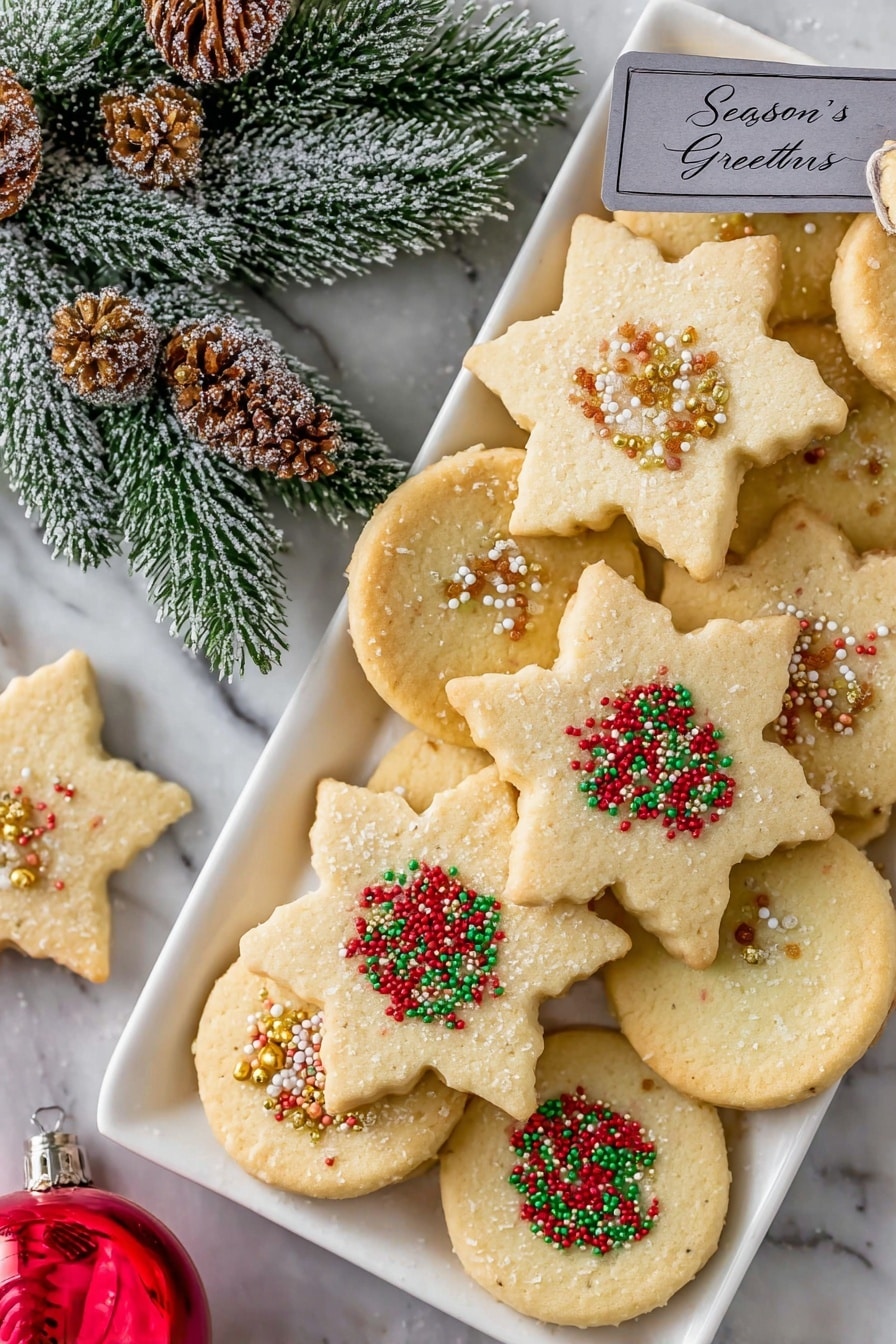 A white rectangular plate holds about ten sugar cookies in two shapes: star and round. The star cookies have a light golden color with rough edges and are topped with small colorful sugar sprinkles in gold, white, and bronze, clustered mostly in the center. The round cookies are also light golden and smooth with a cluster of red and green round sprinkles in the middle. The cookies are stacked with some overlapping each other. To the top left corner of the plate, there is a green pine branch with frosted white tips and brown pine cones. A small gray gift tag with