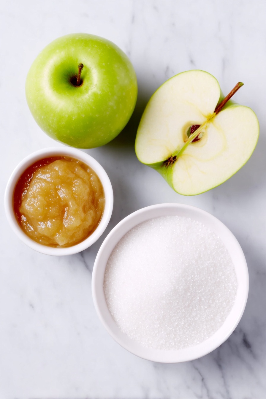 Flat lay of a small white ceramic bowl filled with granulated sugar, a ripe green apple sliced in half showing its juicy interior beside a small white bowl of smooth unsweetened applesauce, two vivid lime and cherry-colored gelatin powder packets artistically opened with their powder spilled neatly beside them, and two whole uncracked gelatin envelopes displayed flat, all arranged symmetrically on a clean white marble surface, soft natural light, photo taken with an iPhone, professional food photography style, fresh ingredients, white ceramic bowls, no bottles, no duplicates, no utensils, no packaging --ar 2:3 --v 7 --p m7354615311229779997 - Homemade Gumdrops, candy making, chewy gumdrop recipe, DIY gumdrops, colorful homemade candies