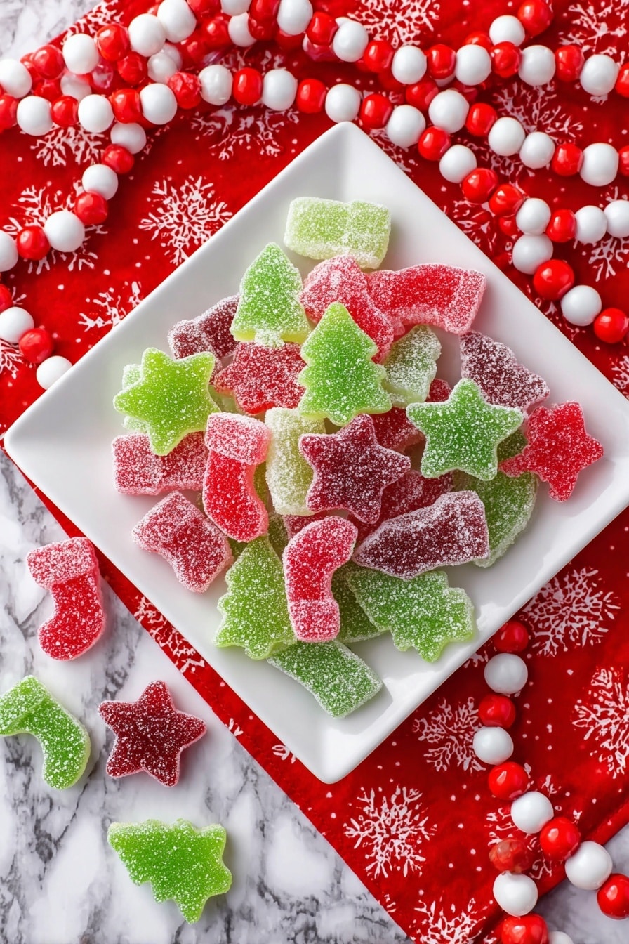 The image shows a close-up of colorful sugar-coated gummy candies shaped like stars and candy canes. The candies are covered in granulated sugar crystals that give a sparkling texture. The green star shapes have a slightly rough surface with sugar grains clearly visible, while the red candy cane shapes have a curved top with sugar covering the entire surface. The candies are piled on a white bowl set on a white marbled surface, with the colors red and green giving a festive look. Photo taken with an iphone --ar 2:3 --v 7 - Homemade Gumdrops, candy making, chewy gumdrop recipe, DIY gumdrops, colorful homemade candies