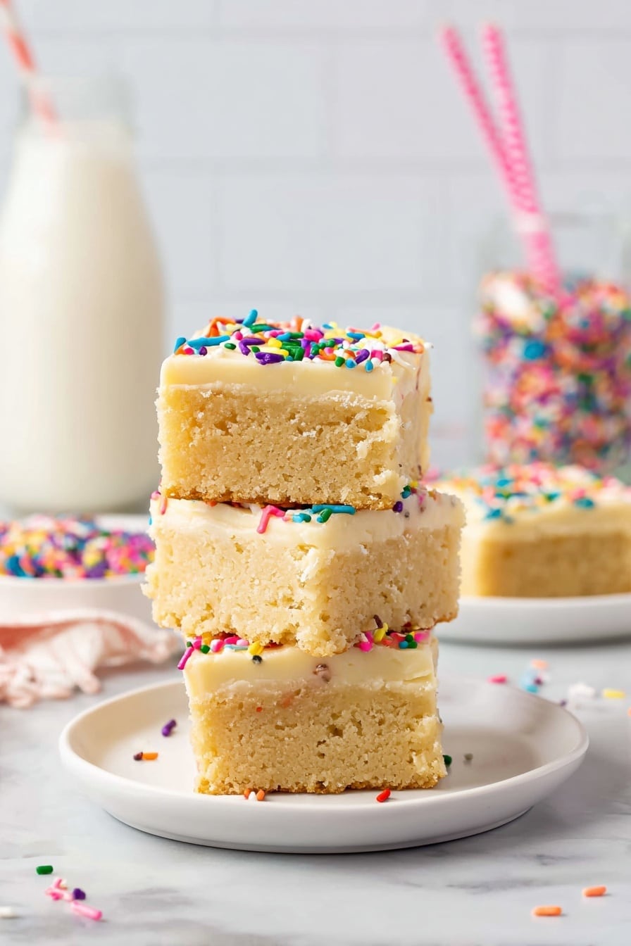 The image shows several square dessert bars placed closely together on a white marbled surface. Each bar has two visible layers: a thick, light beige base with a soft, slightly crumbly texture, and a smooth creamy white frosting layer on top. The frosting is decorated with colorful, cylindrical rainbow sprinkles scattered evenly across the top layer. The edges of the bars are mostly straight but slightly uneven, revealing the thickness and softness of the base. Photo taken with an iphone --ar 2:3 --v 7 - Sugar Cookie Bars with Vanilla Frosting, easy sugar cookie bars, homemade cookie bars, vanilla frosting dessert, buttery sugar cookie recipe