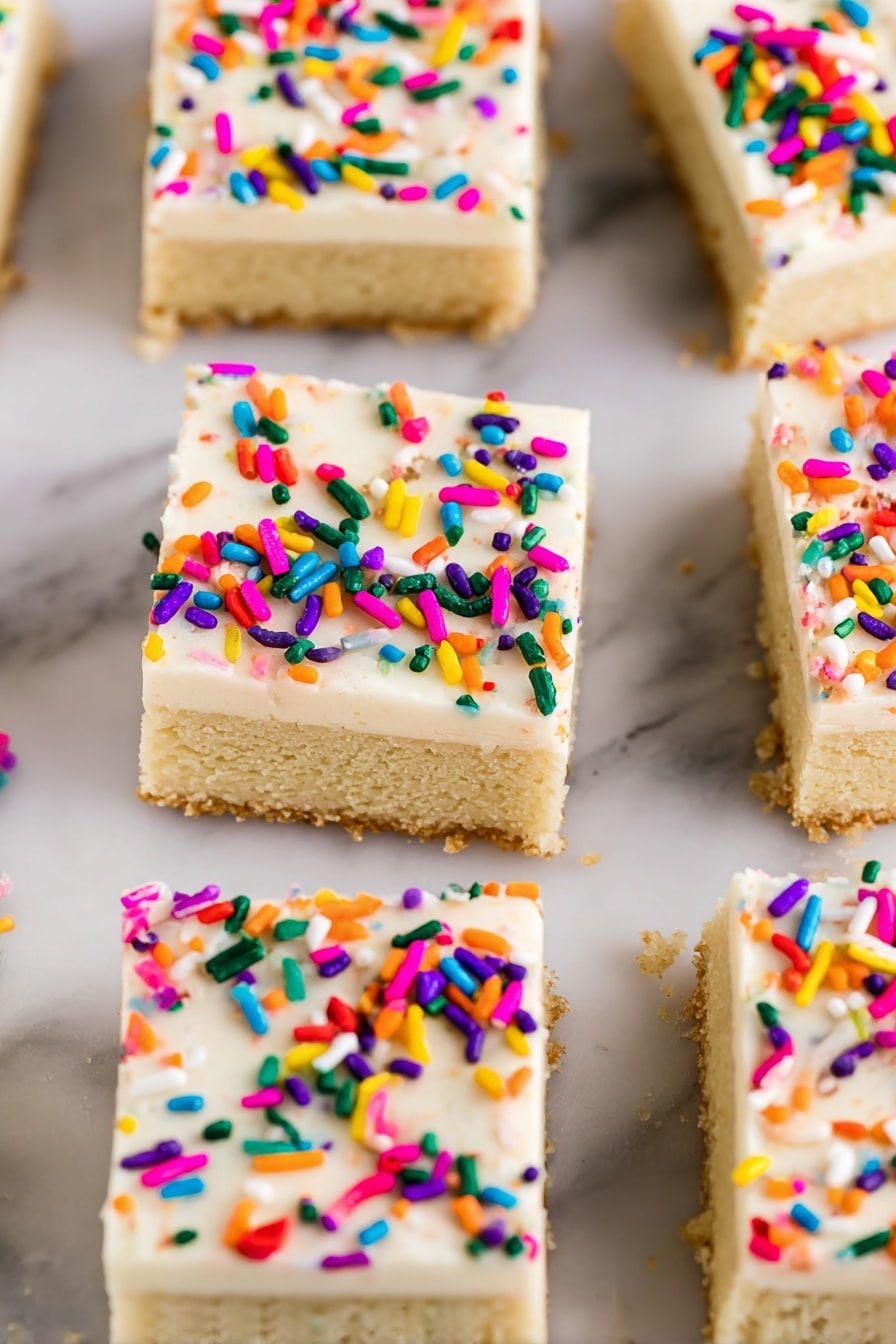 A square piece of light golden cake with one thick layer of smooth white frosting on top, sprinkled with colorful, thin cylindrical candy sprinkles in red, green, yellow, purple, blue, and orange, sits centered on a small white plate. Another similar cake piece with the same frosting and sprinkles is placed on a second white plate in the background. To the left, there is a clear glass jar filled with the same colorful sprinkles. In the far back, there is a light blue cake stand holding more square pieces of cake without frosting. The scene is set on a white marbled surface. photo taken with an iphone --ar 2:3 --v 7 - Sugar Cookie Bars with Vanilla Frosting, easy sugar cookie bars, homemade cookie bars, vanilla frosting dessert, buttery sugar cookie recipe