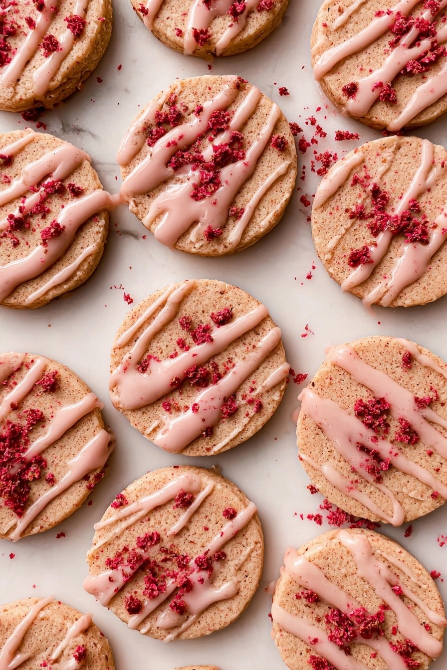 A stack of seven round, golden-brown cookies is in the center, each cookie layered with light pink glaze that drips down the sides. The top cookie has chunks of crushed red topping and a small part broken off. Around the stack, several more cookies lie flat, also decorated with pink glaze and sprinkled with red crumbs. The cookies have a textured surface and are placed on a light beige round board set against a white marbled background. photo taken with an iphone --ar 2:3 --v 7 - Strawberry Shortbread Cookies with Strawberry Glaze, easy strawberry shortbread cookies, homemade strawberry cookies, fruity shortbread crust, summer cookie recipes