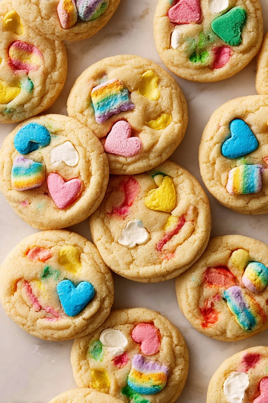 The image shows many round sugar cookies with a soft texture, each cookie topped with colorful cereal pieces in bright colors like blue, red, yellow, pink, green, and orange. The cookies have a light golden surface with slight cracks, and the cereal pieces are scattered and slightly melted into the cookies. The cookies are placed close together on a white marbled surface, creating a vibrant and playful look. photo taken with an iphone --ar 2:3 --v 7 - Lucky Charms Marshmallow Cookies, colorful cookie recipes, easy marshmallow cookies, fun cereal cookies, nostalgic baked treats