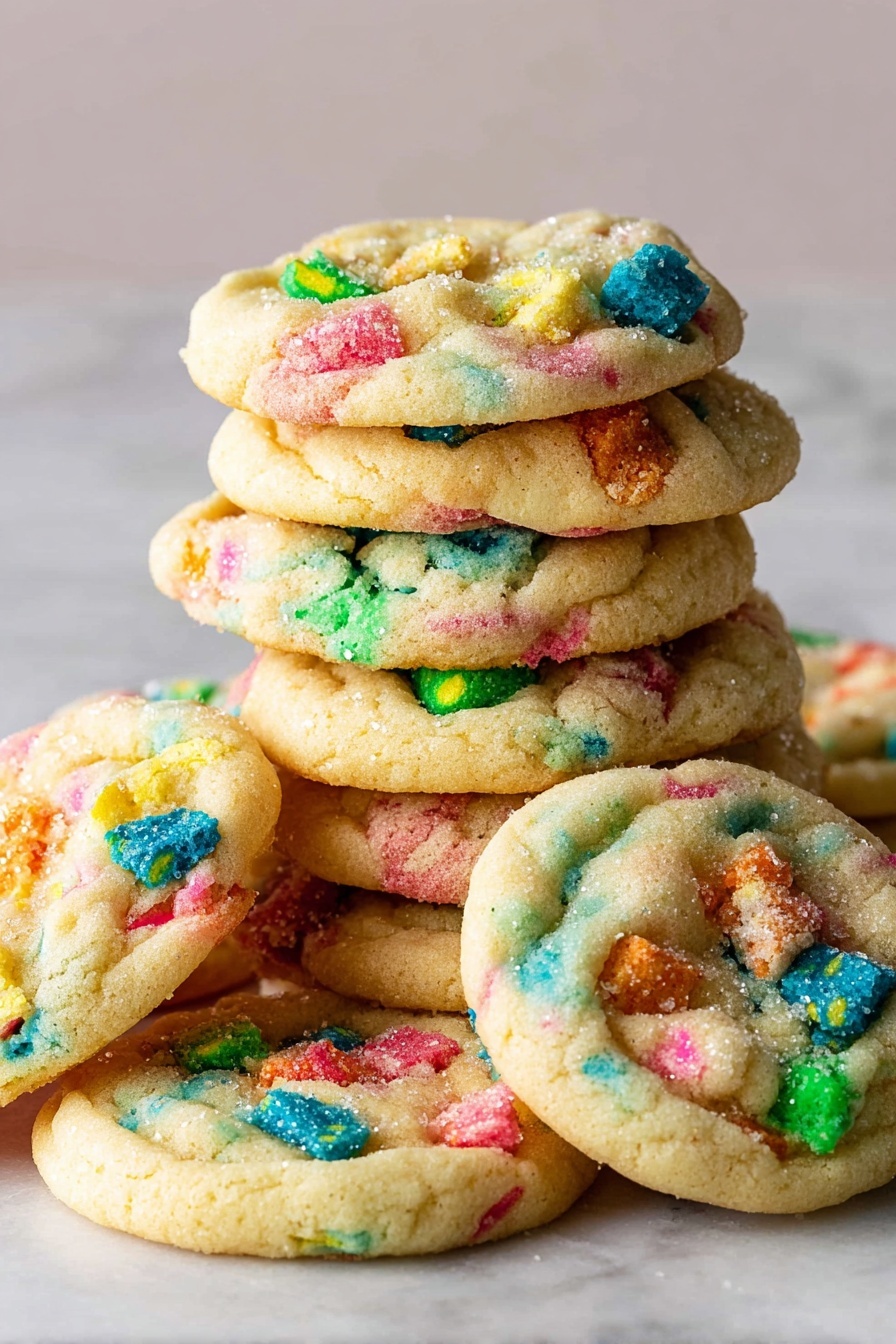 A stack of soft, round cookies with a light golden color is shown on a white marbled surface. Each cookie has several colorful pieces on top and inside, including bright greens, blues, pinks, oranges, and yellows, creating a playful and vibrant look. The cookies have a slightly crumbly texture with a few sugar granules visible on the surface. The stack is arranged casually, with some cookies leaning and overlapping each other, showing layers of thickness and texture. photo taken with an iphone --ar 2:3 --v 7 - Lucky Charms Marshmallow Cookies, colorful cookie recipes, easy marshmallow cookies, fun cereal cookies, nostalgic baked treats