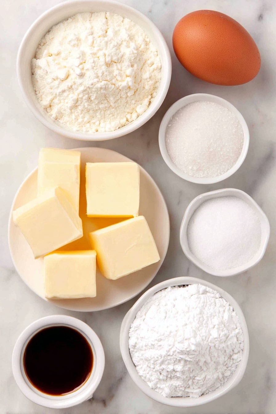 Flat lay of unsalted butter cut into smooth blocks on a simple white ceramic plate, a small white bowl with fine all purpose flour, a small white bowl with white cornstarch powder, a small white bowl with light baking powder, a small white bowl of fine white salt crystals, a small white bowl filled with granulated white sugar, one large brown egg with a clean uncracked shell, a small white bowl containing clear vanilla extract, a small white bowl with powdery white powdered sugar for dusting, all arranged with perfect symmetry on a clean white marble surface, soft natural light, photo taken with an iPhone, professional food photography style, fresh ingredients, white ceramic bowls, no bottles, no duplicates, no utensils, no packaging --ar 2:3 --v 7 --p m7354615311229779997 - Vanilla Waffle Cookies, vanilla waffle cookies recipe, easy waffle cookies, crispy waffle cookies, homemade waffle cookies