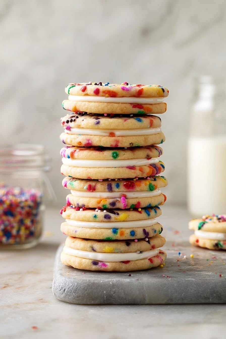 The image shows six sandwich cookies with two light golden cookie layers each, speckled with colorful round sprinkles in red, blue, green, purple, orange, and yellow scattered throughout the dough. Between each cookie pair is a thick layer of smooth, white cream filling. The cookies are arranged standing up and leaning against each other in a row on a white marbled surface. In the background, there is a white bowl, a glass jar filled with similar colorful sprinkles, some stacked clear glasses, and a glass of milk on the right side. Photo taken with an iphone --ar 2:3 --v 7 - Funfetti Sandwich Cookies with Cream Cheese Frosting, colorful funfetti cookie recipe, easy festive sandwich cookies, soft sugar cookies with frosting, birthday cookie treats