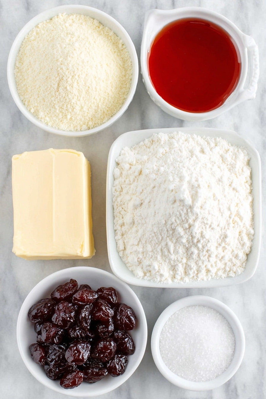 Flat lay of a small mound of all purpose flour, a small mound of almond flour, a few grains of salt beside them, a large square block of unsalted butter at room temperature, a small white ceramic bowl filled with granulated sugar, a small white ceramic bowl holding bright red maraschino cherry juice, a small white ceramic bowl with clear vanilla extract, a small white ceramic bowl with almond extract, and a few chopped maraschino cherries arranged neatly on a simple white ceramic plate, placed on a clean white marble surface, soft natural light, photo taken with an iPhone, professional food photography style, fresh ingredients, white ceramic bowls, no bottles, no duplicates, no utensils, no packaging --ar 2:3 --v 7 --p m7354615311229779997 - Cherry Cookies with Almond Flavor, cherry cookies recipe, almond-flavored cookies, fruit and nut cookies, easy cherry cookie recipe