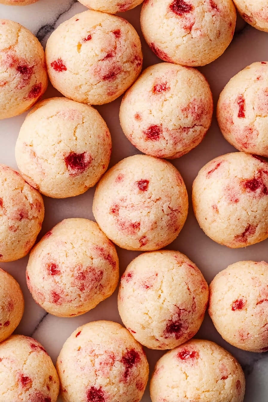 A stack of four light beige cookies with a soft, crumbly texture, each embedded with small bright red berry pieces scattered unevenly throughout. The cookies are round and slightly thick, with a golden-brown underside showing at the base. They are placed on a flat red surface with a slightly rough texture, and the cookies are stacked directly on top of each other. photo taken with an iphone --ar 2:3 --v 7 - Cherry Cookies with Almond Flavor, cherry cookies recipe, almond-flavored cookies, fruit and nut cookies, easy cherry cookie recipe