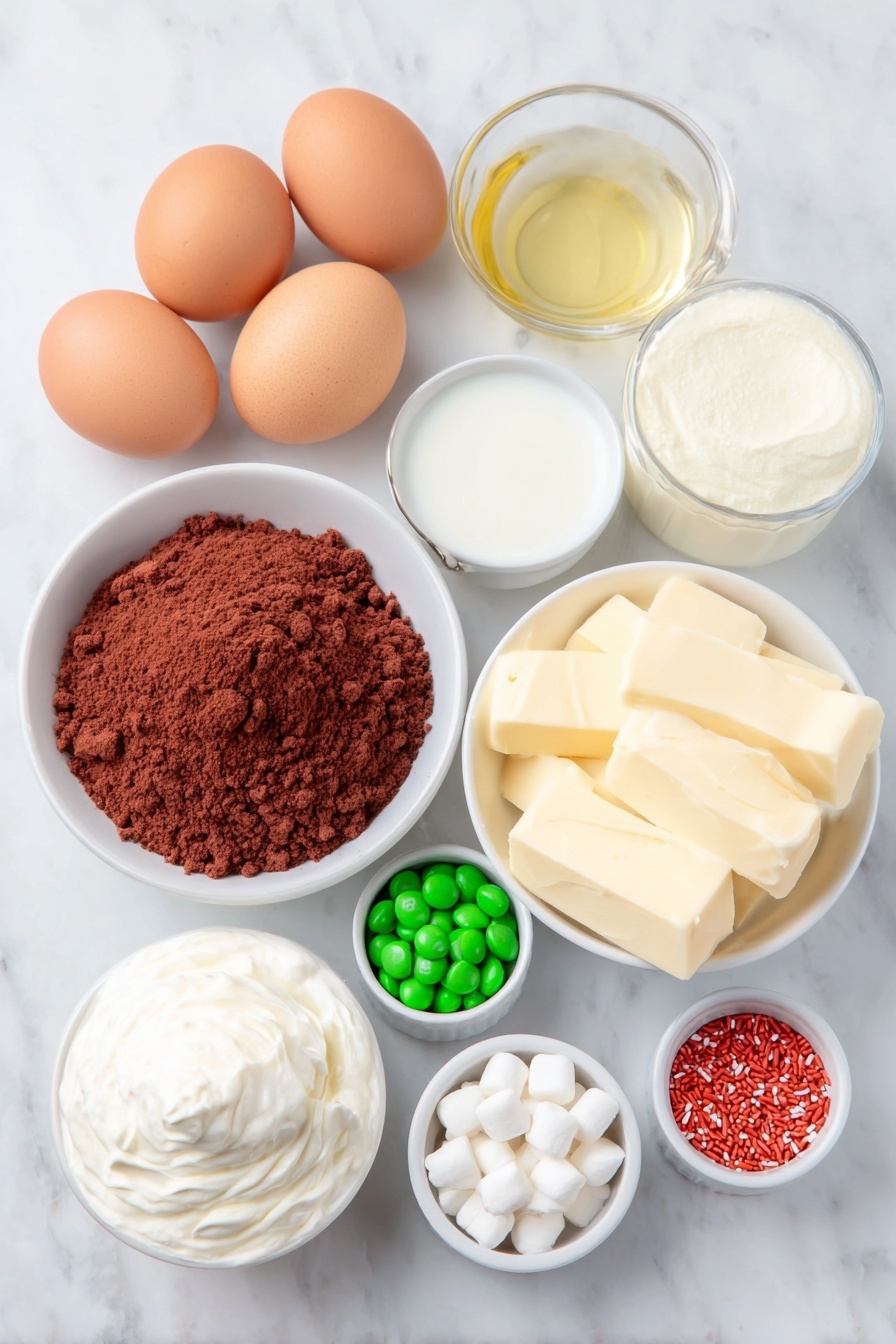Flat lay of a small mound of deep red velvet cake crumbs, three large whole uncracked brown eggs, a small white ceramic bowl of clear vegetable oil, a small white ceramic bowl of cold whole milk, a small white ceramic bowl filled with smooth pale yellow cheesecake flavored instant pudding powder, a tub of pristine white whipped topping next to a small white ceramic bowl of vibrant green tinted whipped topping, a small white ceramic bowl of tiny white mini marshmallows, a small white ceramic bowl of bright red M&M’s, a small white ceramic bowl of bright green M&M’s, and a small white ceramic bowl of fine red sprinkles all arranged with perfect symmetry and balanced proportions placed on a clean white marble surface, soft natural light, photo taken with an iPhone, professional food photography style, fresh ingredients, white ceramic bowls, no bottles, no duplicates, no utensils, no packaging --ar 2:3 --v 7 --p m7354615311229779997 - Red Velvet Poke Cake with Cheesecake Fluff, Festive Red Velvet Cake, Cheesecake Fluff Dessert, Holiday Poke Cake, Easy Red Velvet Cake Recipe