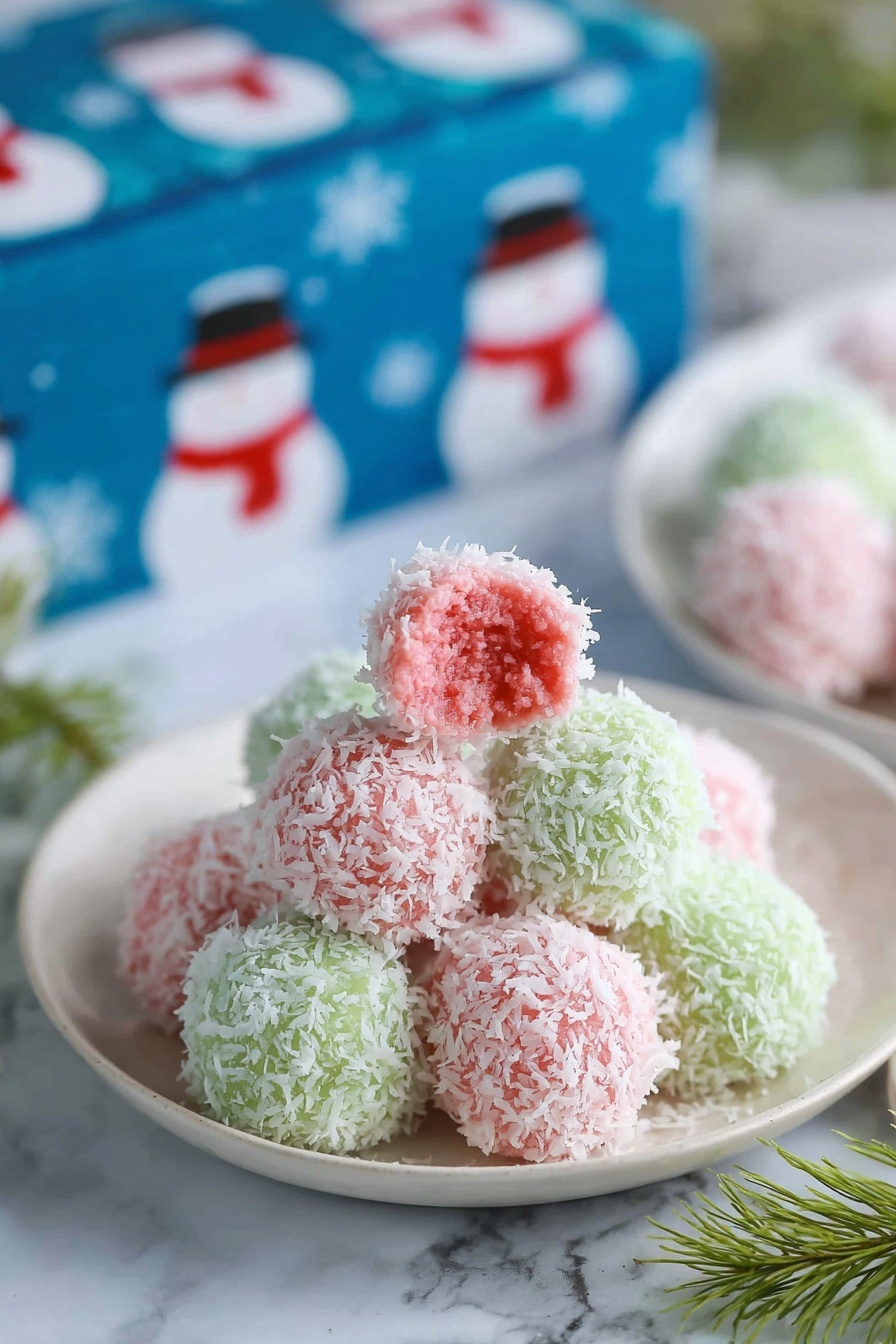 A white plate holds a small stack of round balls coated in shredded coconut. The balls are in two colors, soft pink and light green, with the shredded coconut texture clearly visible on the outer layer. One pink ball on top is bitten into, showing a solid pink inside. In the background, there is a blue box decorated with snowmen, blurred for focus. The setting is on a soft, white marbled surface with a small green sprig beside the plate. Photo taken with an iphone --ar 2:3 --v 7 - Festive Jello Coconut Balls, colorful holiday treats, no-bake coconut desserts, easy holiday snack, party appetizer ideas