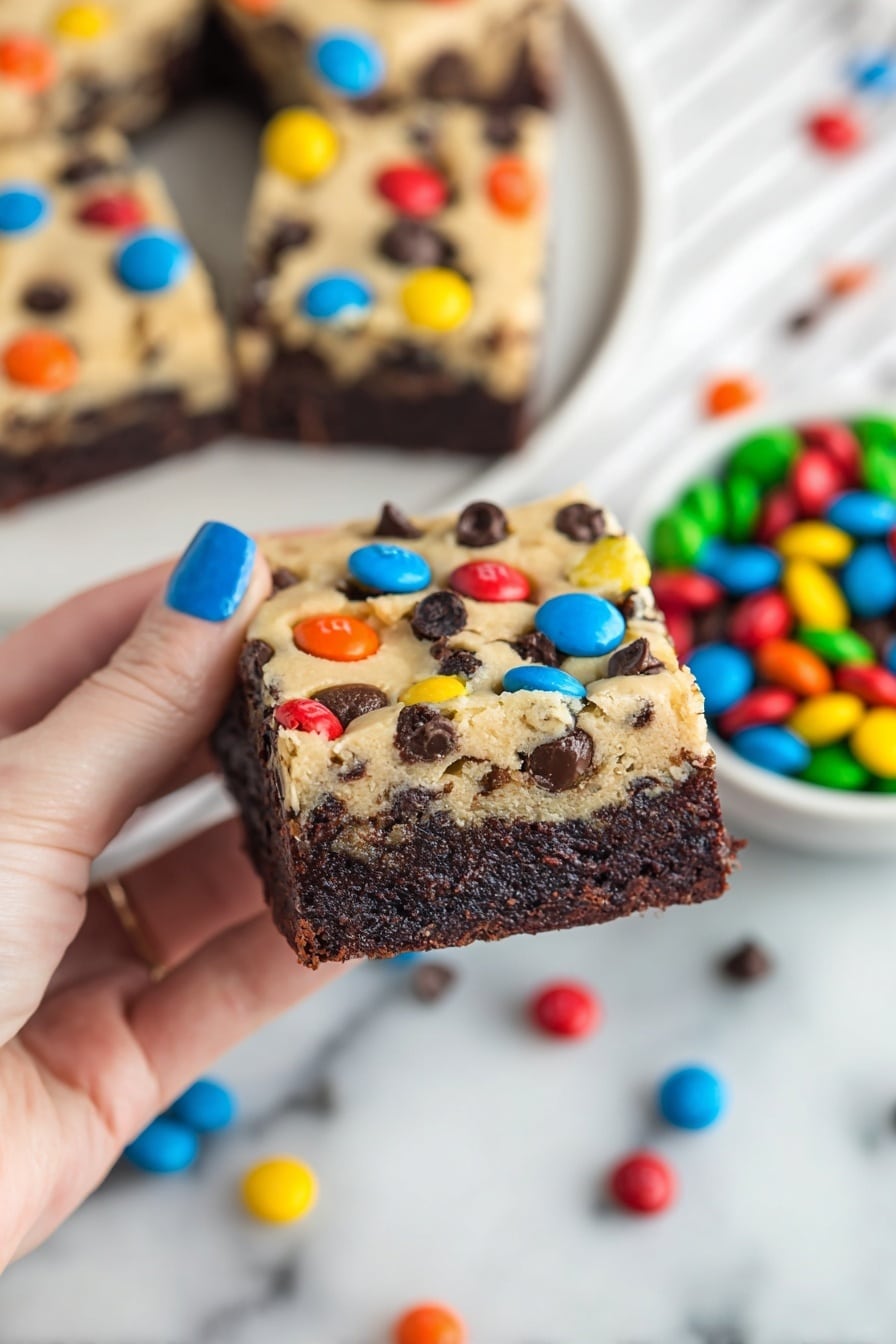 A two-layer square dessert held by a woman's hand with blue nail polish, showing a thick bottom layer of dark brown brownie with a dense texture, topped by a lighter beige cookie dough layer studded with small chocolate chips and colorful candy-coated chocolates in red, blue, yellow, green, and orange scattered on top. In the background, some larger pieces of the dessert are arranged on a white plate, with a bowl full of colorful candy-coated chocolates on the right, all placed on a white marbled surface with scattered candies around. Photo taken with an iphone --ar 2:3 --v 7 - Cookie Dough Brownie Bars, delicious cookie dough brownie bars, easy cookie dough brownie dessert, no-bake cookie dough brownie bars, homemade cookie dough brownie treats