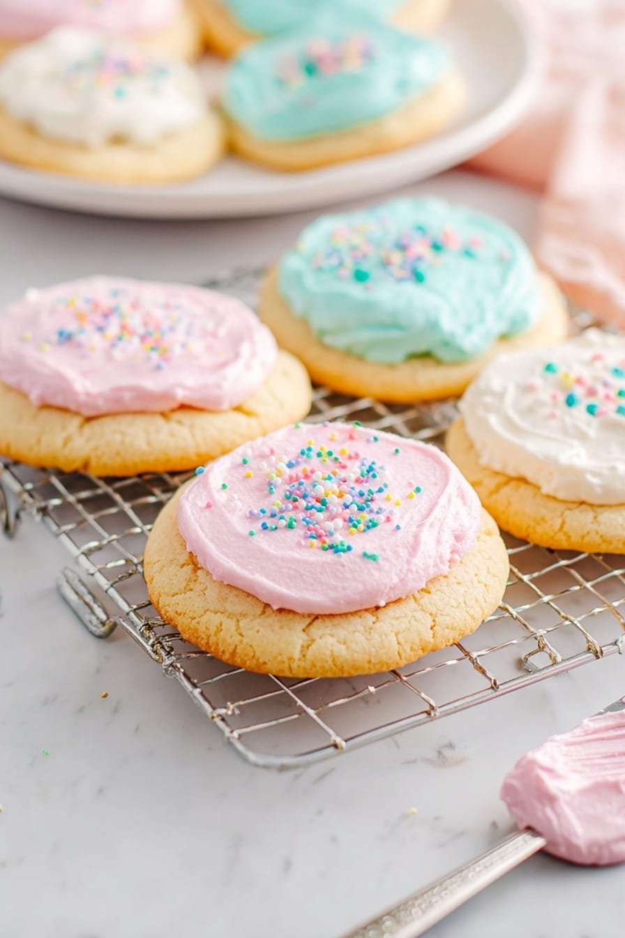 A stack of four soft cookies is shown on a white marbled surface, each separated by a thick layer of colorful frosting. The bottom cookie has light blue frosting with small pastel pearl sprinkles, the second has white frosting, the third holds a pink frosting layer topped with more pastel sprinkles, and the top cookie has white frosting with a bite taken out, showing the soft texture inside. Scattered pastel sprinkles are around the base, and behind the stack, a glass bowl with pink frosting is visible. Photo taken with an iphone --ar 2:3 --v 7 - Sour Cream Cookies with Buttercream Icing, sour cream cookie recipe, soft tender cookies, buttery frosting cookies, easy holiday cookies
