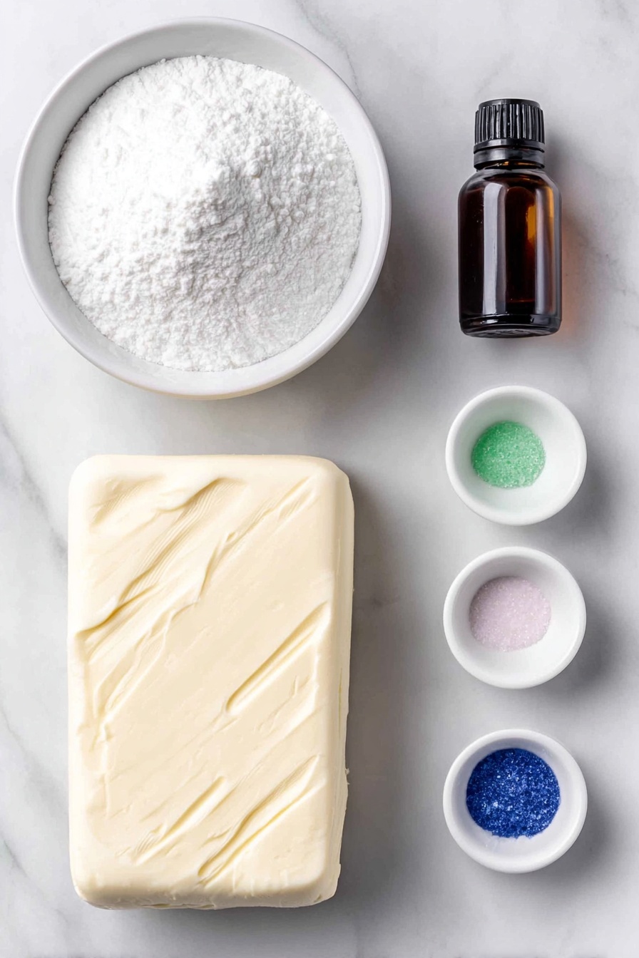 Flat lay of a small block of cream cheese with smooth edges, a pat of soft butter, a simple white ceramic bowl filled with fine powdered sugar, a small white bowl containing clear mint extract, and three small white bowls each holding a tiny dollop of neon green, neon pink, and classic blue gel food coloring, all arranged in perfect symmetry on a clean white marble surface, soft natural light, photo taken with an iPhone, professional food photography style, fresh ingredients, white ceramic bowls, no bottles, no duplicates, no utensils, no packaging --ar 2:3 --v 7 --p m7354615311229779997 - Cream Cheese Mint Cookies, mint cookies with cream cheese, colorful mint cookie recipe, soft mint cookies, holiday mint cookie treats