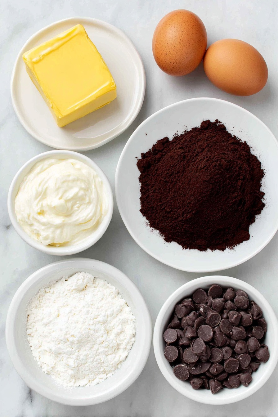 Flat lay of a small mound of rich chocolate cake mix powder on a simple white ceramic plate, two large brown eggs with clean shells next to it, a square of golden salted butter slightly melted on a white ceramic dish, a small white bowl filled with creamy heavy cream, a small white bowl heaping with glossy dark chocolate chips, and another small white bowl filled with smooth milk chocolate chips, all arranged in perfect symmetry on a clean white marble surface, soft natural light, photo taken with an iPhone, professional food photography style, fresh ingredients, white ceramic bowls, no bottles, no duplicates, no utensils, no packaging --ar 2:3 --v 7 --p m7354615311229779997 - Quick Chocolate Cake Mix Brownies, easy chocolate brownie recipe, fudgy brownies with cake mix, simple dessert ideas, quick brownie treats