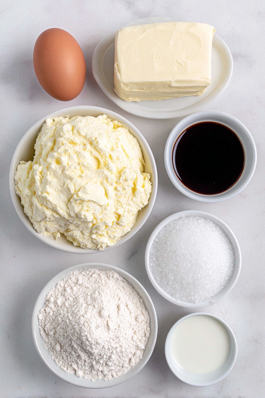 Flat lay of a small mound of all-purpose flour, a few grains of coarse salt scattered nearby, a large pat of unsalted butter softened and creamy, a small pile of granulated sugar sparkling under natural light, one large brown egg with a clean shell, a small white bowl of clear vanilla flavoring liquid, a small white bowl filled with smooth powdered sugar, another small white bowl holding whole milk, and a few drops of vibrant gel food coloring in a tiny white bowl – all arranged with perfect symmetry on simple white ceramic dishes, placed on a clean white marble surface, soft natural light, photo taken with an iPhone, professional food photography style, fresh ingredients, white ceramic bowls, no bottles, no duplicates, no utensils, no packaging --ar 2:3 --v 7 --p m7354615311229779997 - Thumbprint Cookies with Icing, thumbprint cookie recipe, colorful cookies, easy holiday cookies, beginner cookie recipes