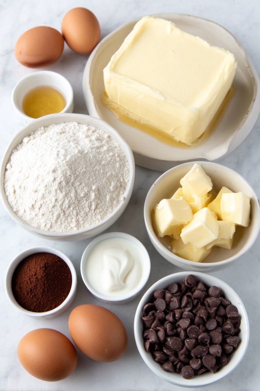Flat lay of a block of cream cheese with a smooth surface, a small white bowl of granulated white sugar, a small white bowl of fine cornstarch powder, a white ceramic bowl filled with bright orange pumpkin puree, a small white bowl of thick sour cream, a small white bowl of golden vanilla extract, a small white bowl of warm-toned pumpkin pie spice, two whole brown eggs with clean shells, a small white bowl of all-purpose flour, a small white bowl of rich Dutch process cocoa powder, a small white bowl of fine salt, a chunk of pale yellow unsalted butter, a small white bowl overflowing with glossy semi-sweet chocolate chips, three whole brown eggs with clean shells, a small white bowl of granulated white sugar placed on a clean white marble surface, soft natural light, photo taken with an iPhone, professional food photography style, fresh ingredients, white ceramic bowls, no bottles, no duplicates, no utensils, no packaging --ar 2:3 --v 7 --p m7354615311229779997 - Pumpkin Cheesecake Brownies, Fall Dessert Recipes, Easy Pumpkin Brownies, Chocolate Pumpkin Cheesecake, Holiday Brownie Treats
