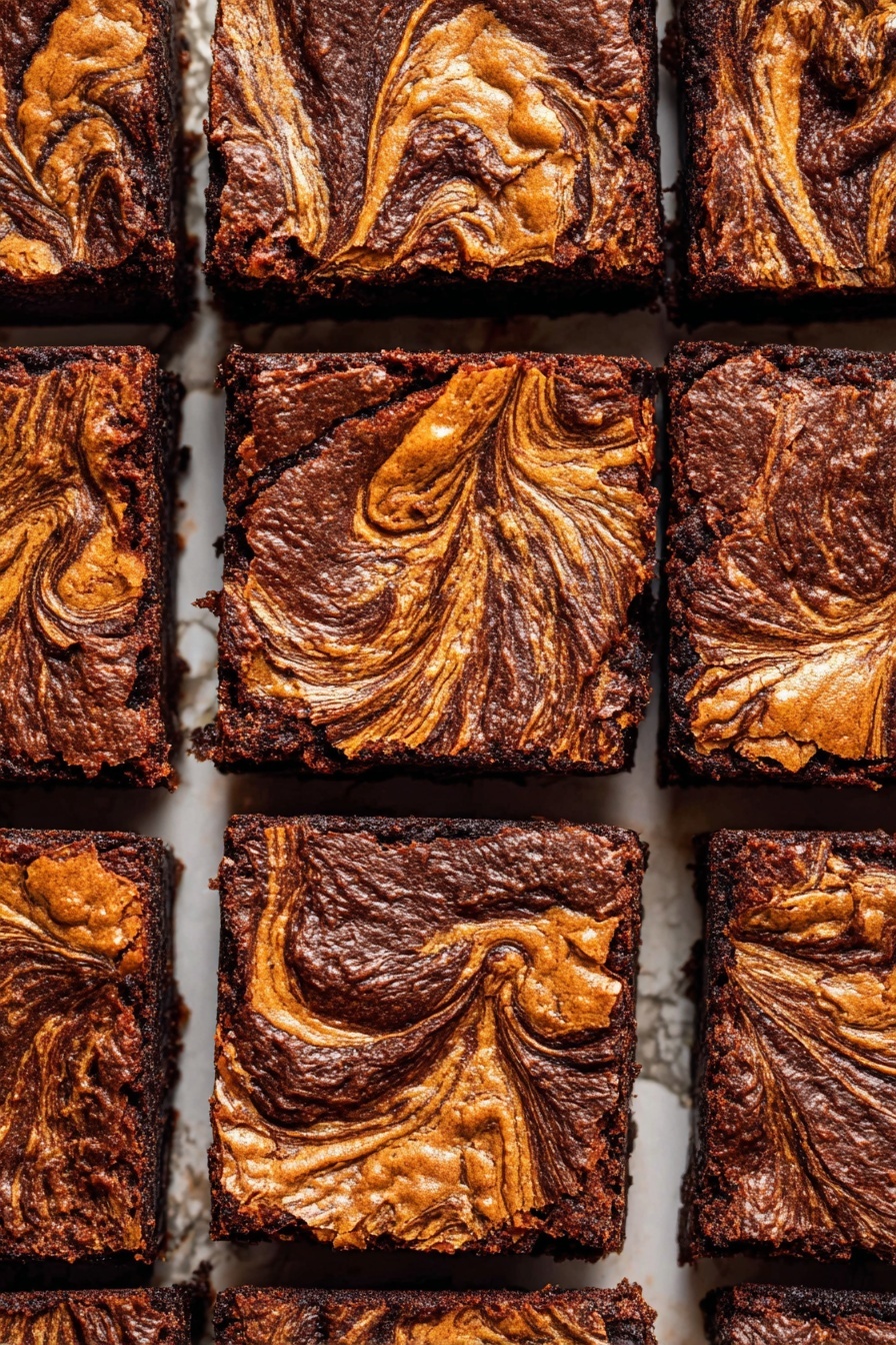 A close-up top view of a batch of square brownies, each piece showing a beautiful swirl pattern on the surface made by mixing dark chocolate and a light caramel or peanut butter color. The top layer has a slightly cracked, textured look with rich brown and golden swirls blending softly. The brownies are cut into neat squares with dark edges and moist centers visible between the pieces. The background is a white marbled texture. photo taken with an iphone --ar 2:3 --v 7 - Pumpkin Cheesecake Brownies, Fall Dessert Recipes, Easy Pumpkin Brownies, Chocolate Pumpkin Cheesecake, Holiday Brownie Treats
