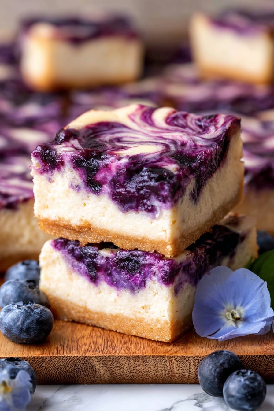 The image shows a batch of square-shaped dessert bars with two clear layers. The bottom layer is a firm, pale golden crust with a smooth, slightly crumbly texture. On top is a cream-colored layer with thick, dark purple swirls mixed in, creating a marbled pattern across each square. The purple swirls look rich and slightly glossy, contrasting with the matte cream base. The squares are placed closely together on a white marbled surface, with some pieces slightly pulled apart to show the thickness and texture of the crust underneath. photo taken with an iphone --ar 2:3 --v 7 - Blueberry Cheesecake Bars, blueberry dessert, cheesecake bars, fruit cheesecake, easy blueberry dessert