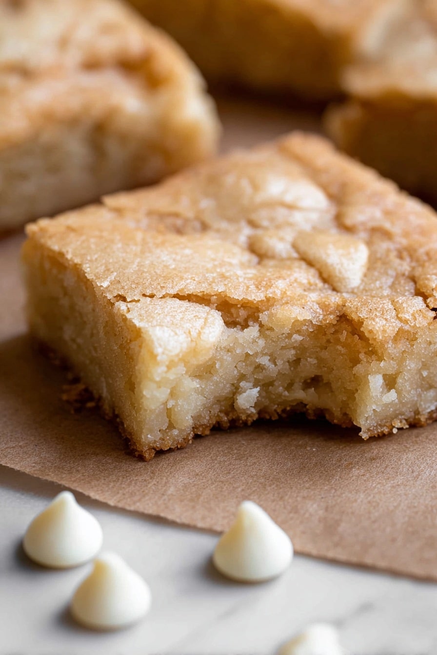 A close-up of a square white chocolate blondie with one bite taken from the bottom right corner, showing a dense and soft inside layer in light creamy color, topped with a thin, cracked, golden-brown crust layer on top; the blondie is placed on brown parchment paper with a few scattered white chocolate chips around it, all set on a white marbled surface photo taken with an iphone --ar 2:3 --v 7 - White Chocolate Brownies, white chocolate brownies recipe, fudgy white chocolate brownies, homemade white chocolate brownies, best white chocolate brownies