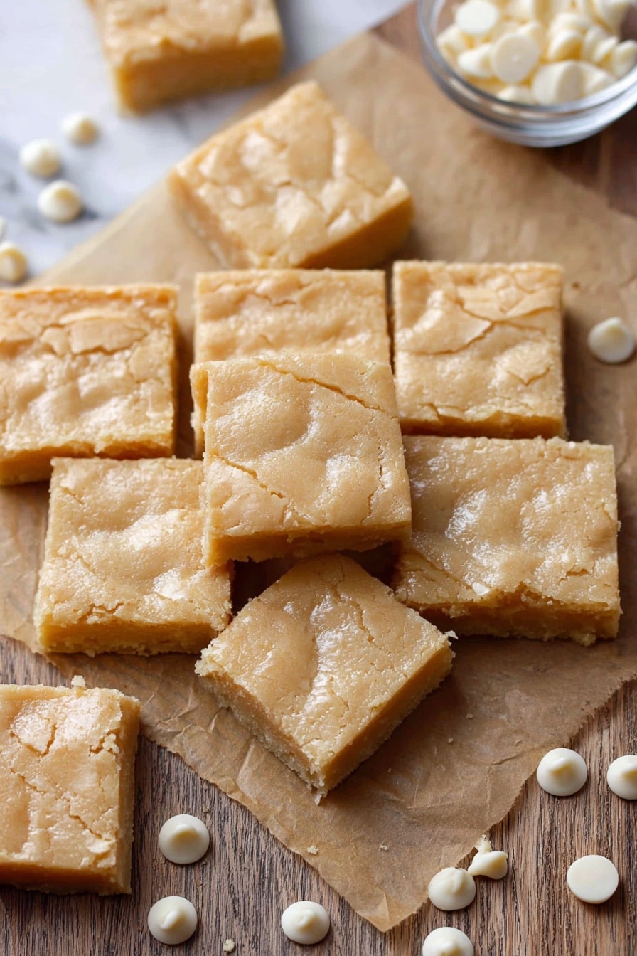The image shows multiple square-shaped blondie bars placed on a flat white marbled surface. Each bar has a cracked, slightly shiny top layer in a pale beige color, with a soft, dense texture beneath. One blondie is positioned vertically, showing its thickness of about two layers: a thin cracked top layer and a thicker smoother bottom layer in a warm beige tone. Scattered white chocolate chips are placed around the bars, adding small rounded white details. Photo taken with an iphone --ar 2:3 --v 7 - White Chocolate Brownies, white chocolate brownies recipe, fudgy white chocolate brownies, homemade white chocolate brownies, best white chocolate brownies