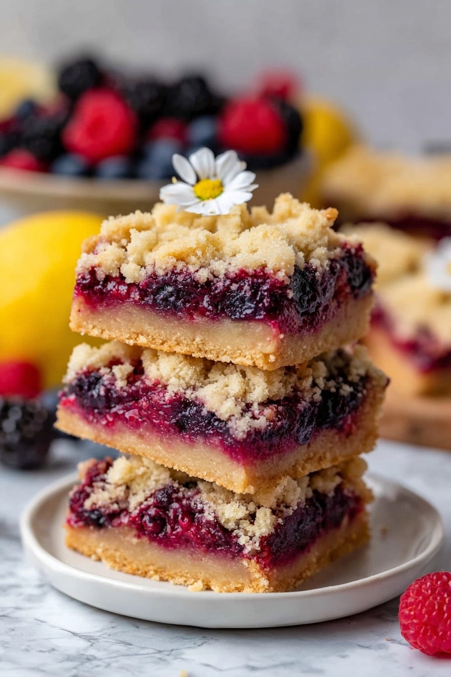 A tray of square berry crumble bars is shown, each piece having three layers: a golden crumbly top layer with uneven chunks, a middle layer filled with a dark mix of purple and red berries, and a bottom layer with a light brown, firm crust. The bars are placed on a white marbled surface, some separated from the main batch. Around the bars are small white flowers with yellow centers. Nearby, there is a small wooden bowl filled with fresh blueberries, blackberries, and raspberries. Next to the bowl is a white plate holding more berries and a few lemon slices are scattered near the bars, adding a splash of yellow. Photo taken with an iphone --ar 2:3 --v 7 - Triple Berry Crumble Bars, berry crumble bars, easy berry dessert, homemade fruit bars, handheld berry bars